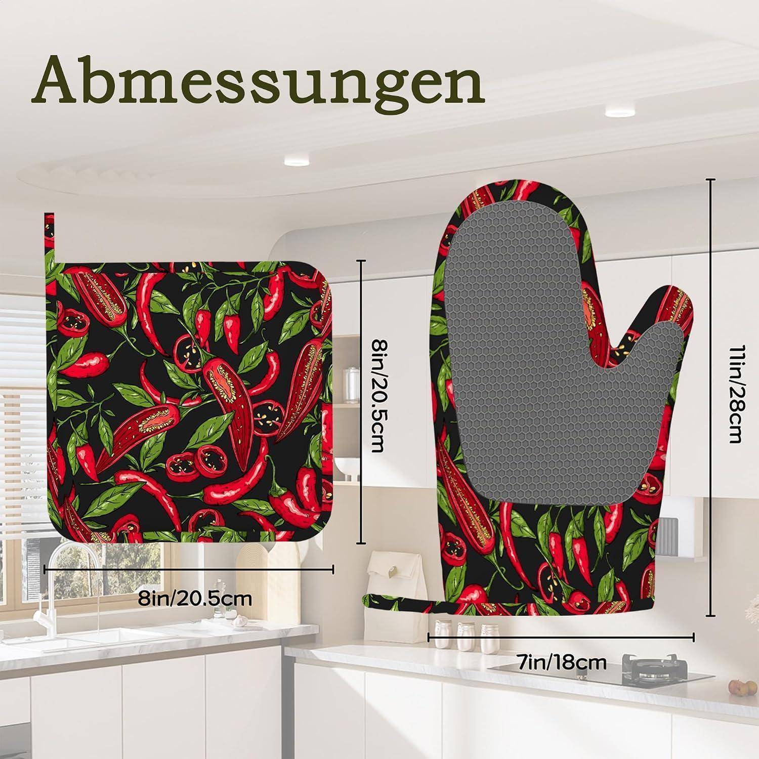 Messleitfaden für einen Ofenhandschuh und einen passenden Topflappen mit Chili-Pfeffer-Muster, die Abmessungen von 8 x 8 Zoll, 7 x 11 Zoll und 8 x 20,5 cm aufweisen.