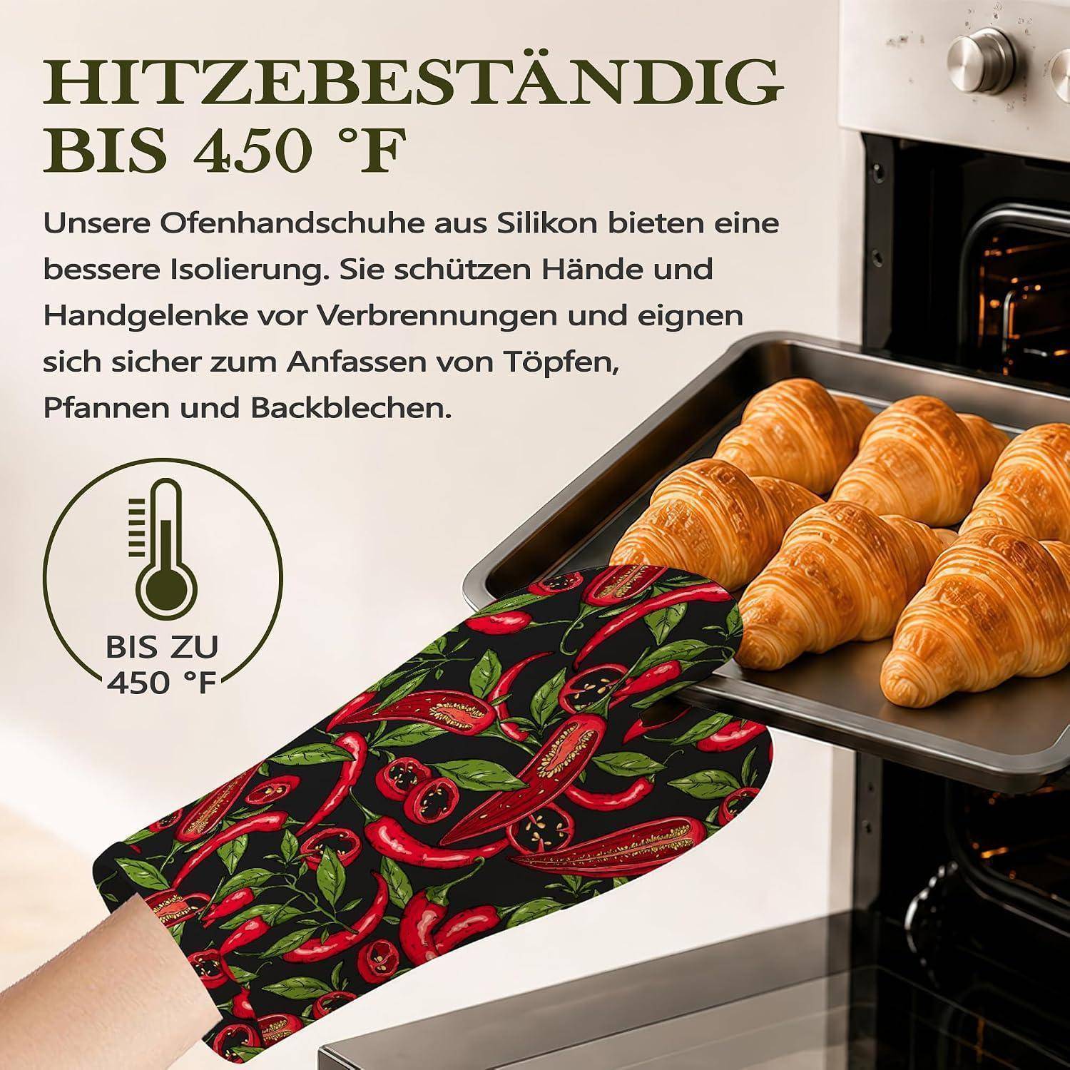 Anzeige zeigt gemusterte Silikon-Ofenhandschuhe und Text auf Deutsch: Hitzebeständig bis 450°F, für bessere Isolierung und sicheres Handling von heißen Pfannen und Blechen.