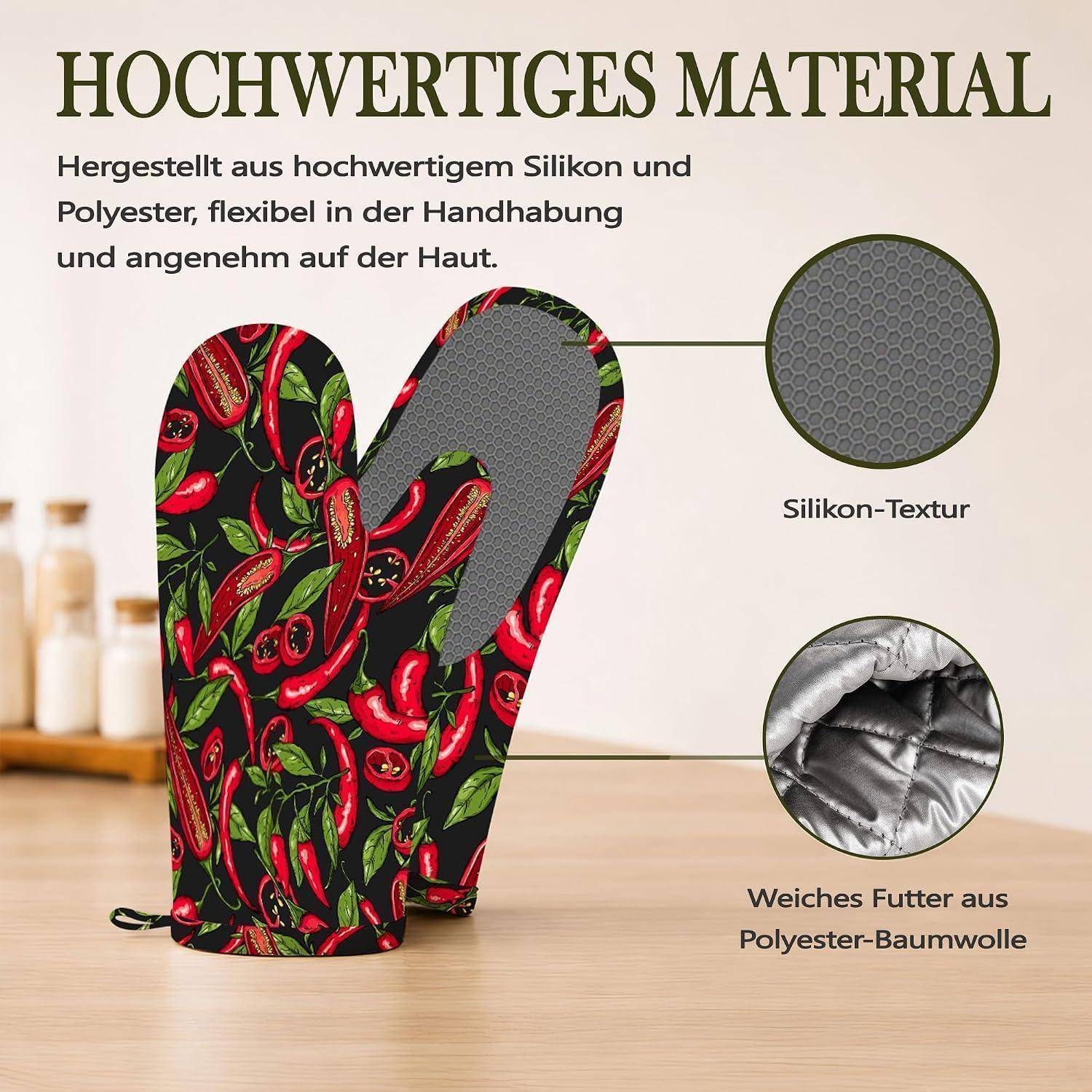Hochwertiges Produkt-Werbegrafik: Ein Ofenhandschuh mit Chili-Muster aus Silikon und Polyester, mit Nahaufnahmen mit den Bezeichnungen „Silikon-Textur