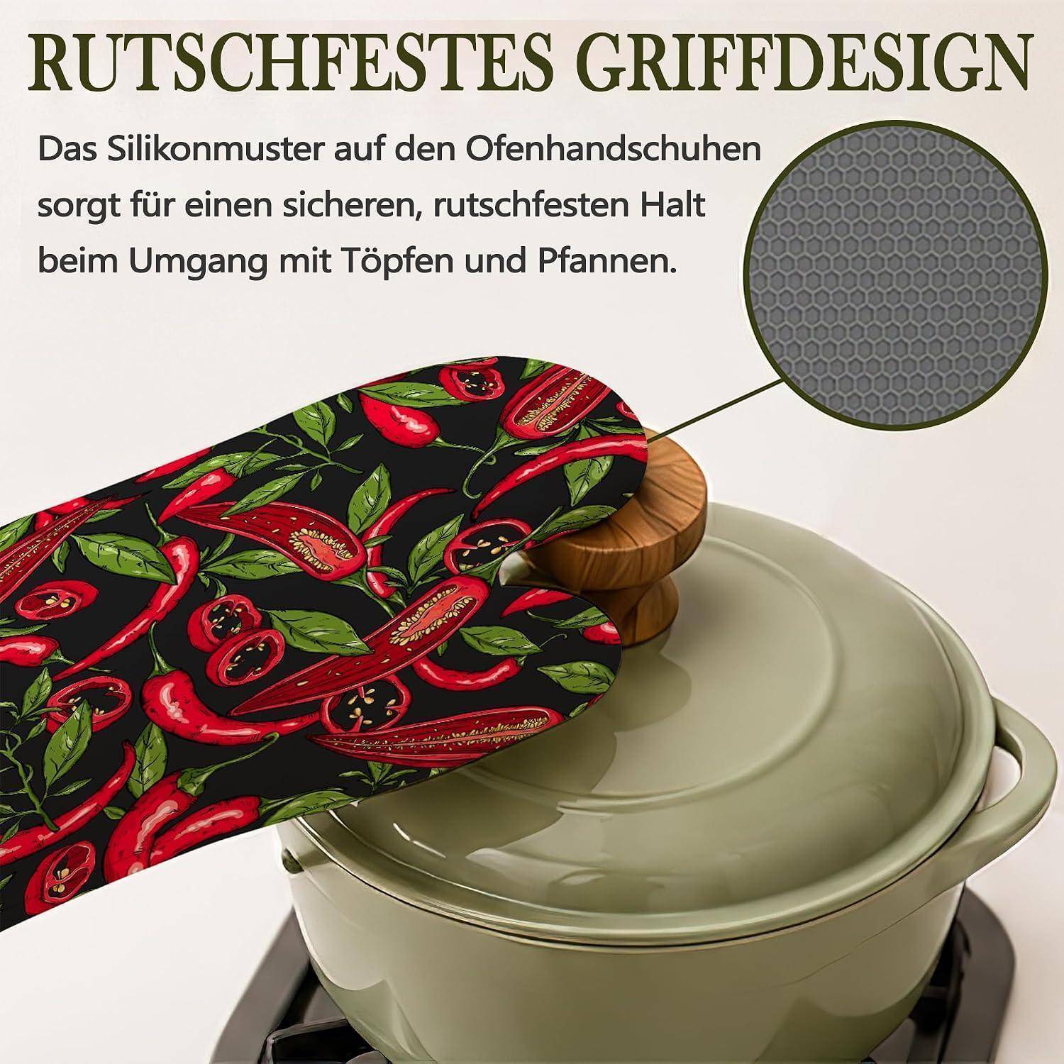 Ofenhandschuh-Set 4tlg. Silikon hitzebeständig rutschfest Chili-Design