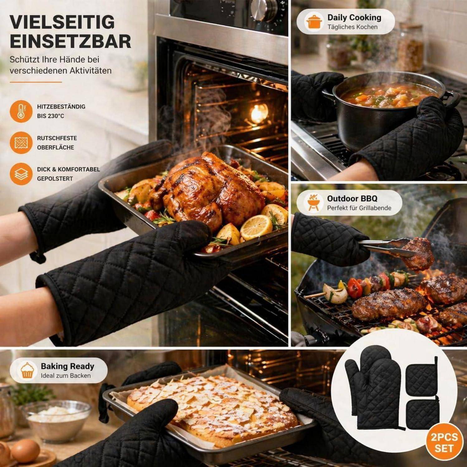 Promotional-Collage von schwarzen Ofenhandschuhen, die heiße Kochgeräte zum Backen, Kochen und Grillen handhaben; deutscher Text besagt, dass sie hitzebeständig bis 230°C sind, rutschfest und gepolstert.