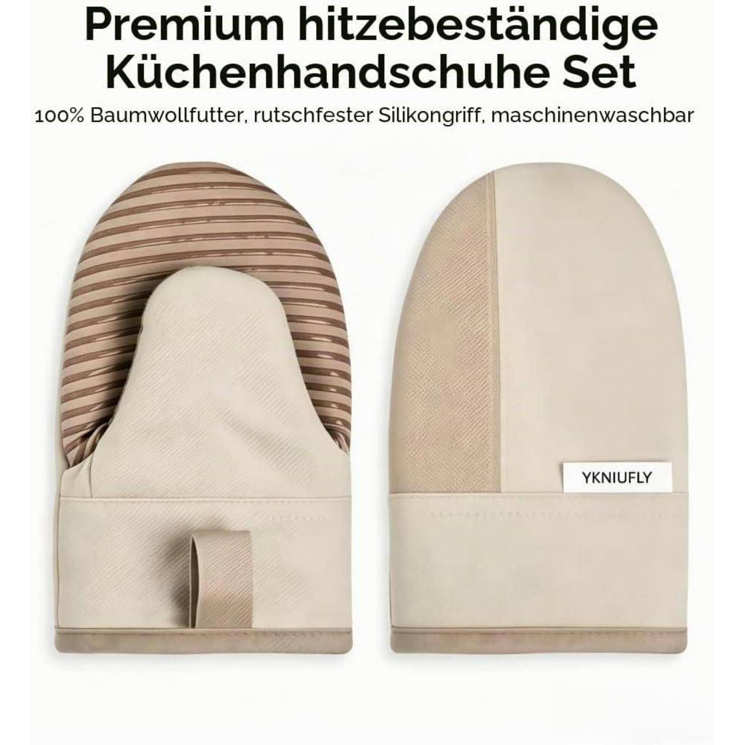 Produktbild von zwei beigen Premium-Ofenhandschuhen mit Wärmeschutz, die ein gestreiftes Silikongriffmuster und Text zeigen, der Baumwollfutter, rutschfesten Griff und Maschinenwäsche bewirbt.