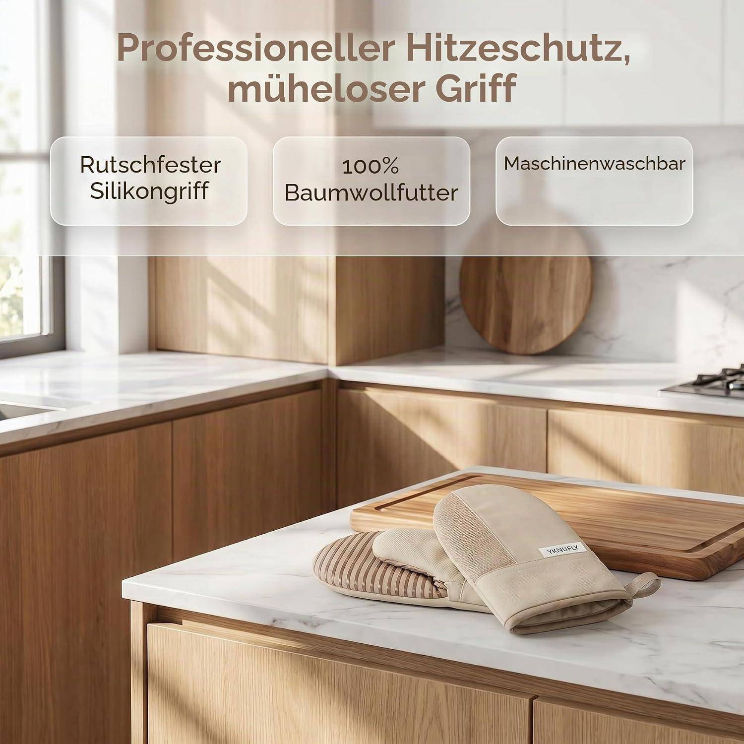 # Promotional image of oven mitts with German text: 'Professional heat protection, effortless grip,' plus features 'Non-slip silicone grip,' '100% cotton lining,' and 'Machine washable.