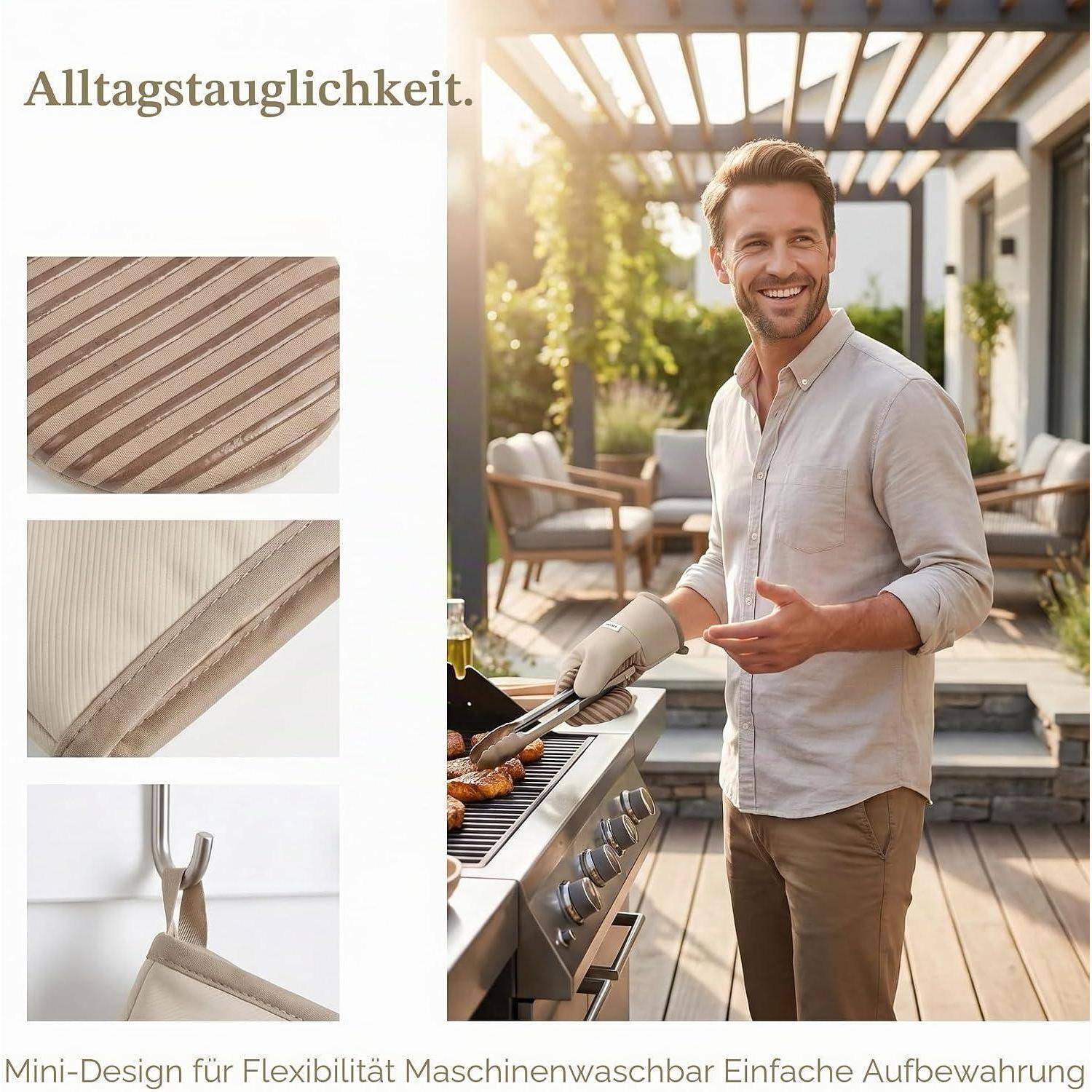 Werbeanzeige mit einem lächelnden Mann, der auf einer Terrasse im Freien grillt; eingefügte Nahaufnahmen zeigen gestreiften Stoff, eine Naht und eine Aufhängeschlaufe. Der Text lautet „Alltagstauglichkeit