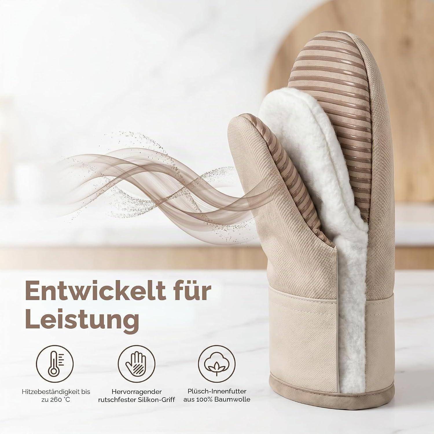 Beige hitzebeständiger Ofenhandschuh mit gestreiftem Griff und weicher Baumwollauskleidung, gezeigt mit deutschem Text „Entwickelt für Leistung