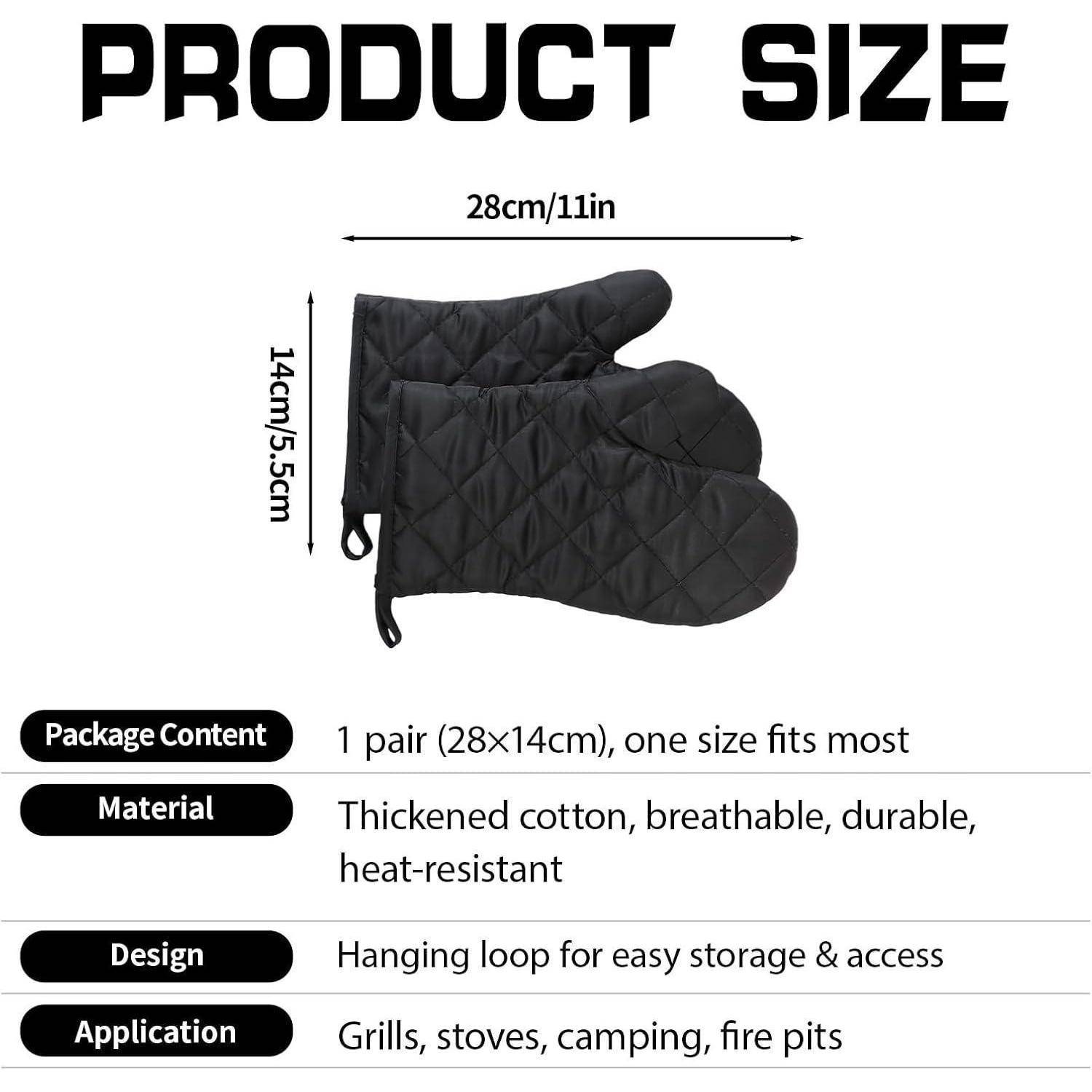 Produktgrößengrafik mit schwarzem Ofenhandschuh: 28 cm breit und 14 cm lang; Paket enthält 1 Paar, hergestellt aus verdickter Baumwolle zum Grillen, Campen und für Lagerfeuer.