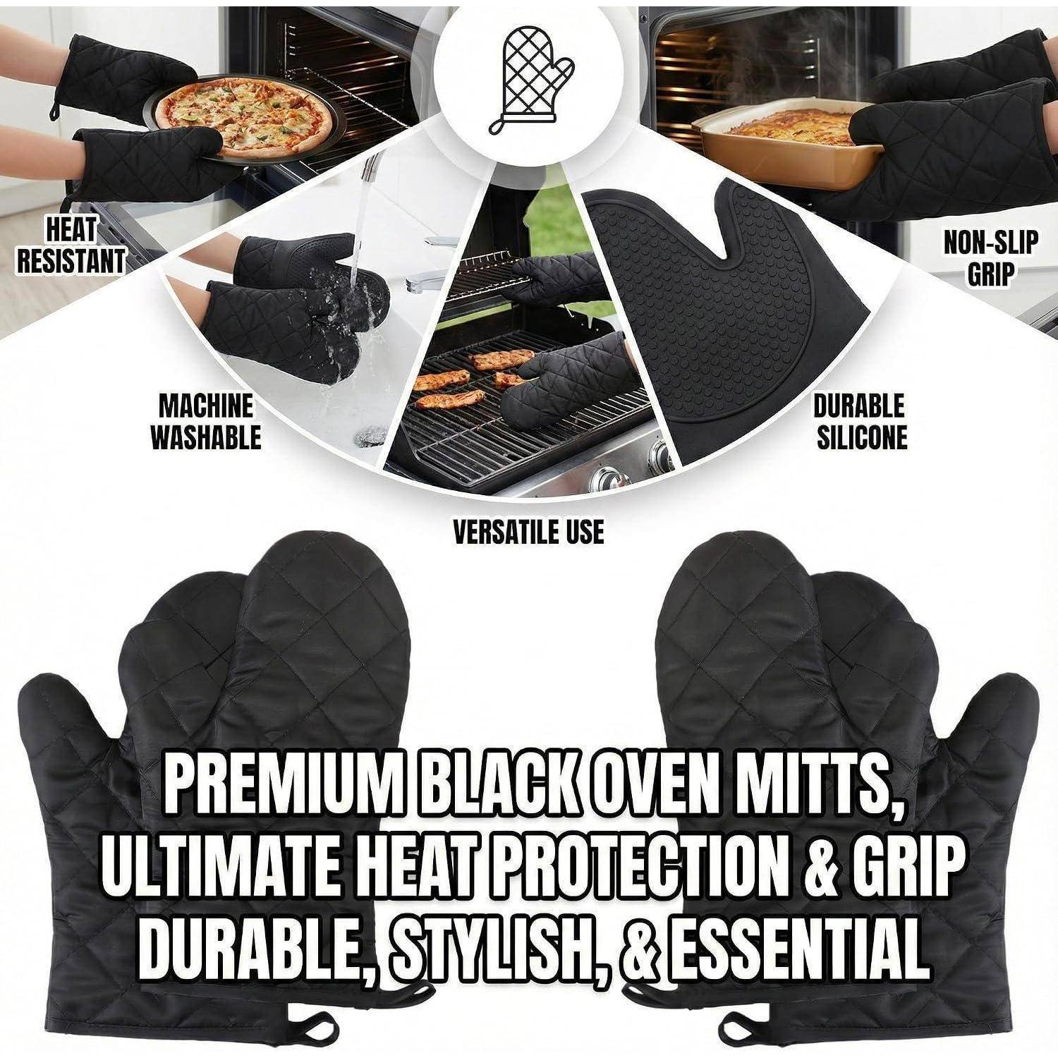 Werbebild von schwarzen Silikon-Ofenhandschuhen, die wärmefest, rutschfest, maschinenwaschbar und langlebig für Grillen und Backen sind, mit der Überschrift „Premium schwarze Ofenhandschuhe
