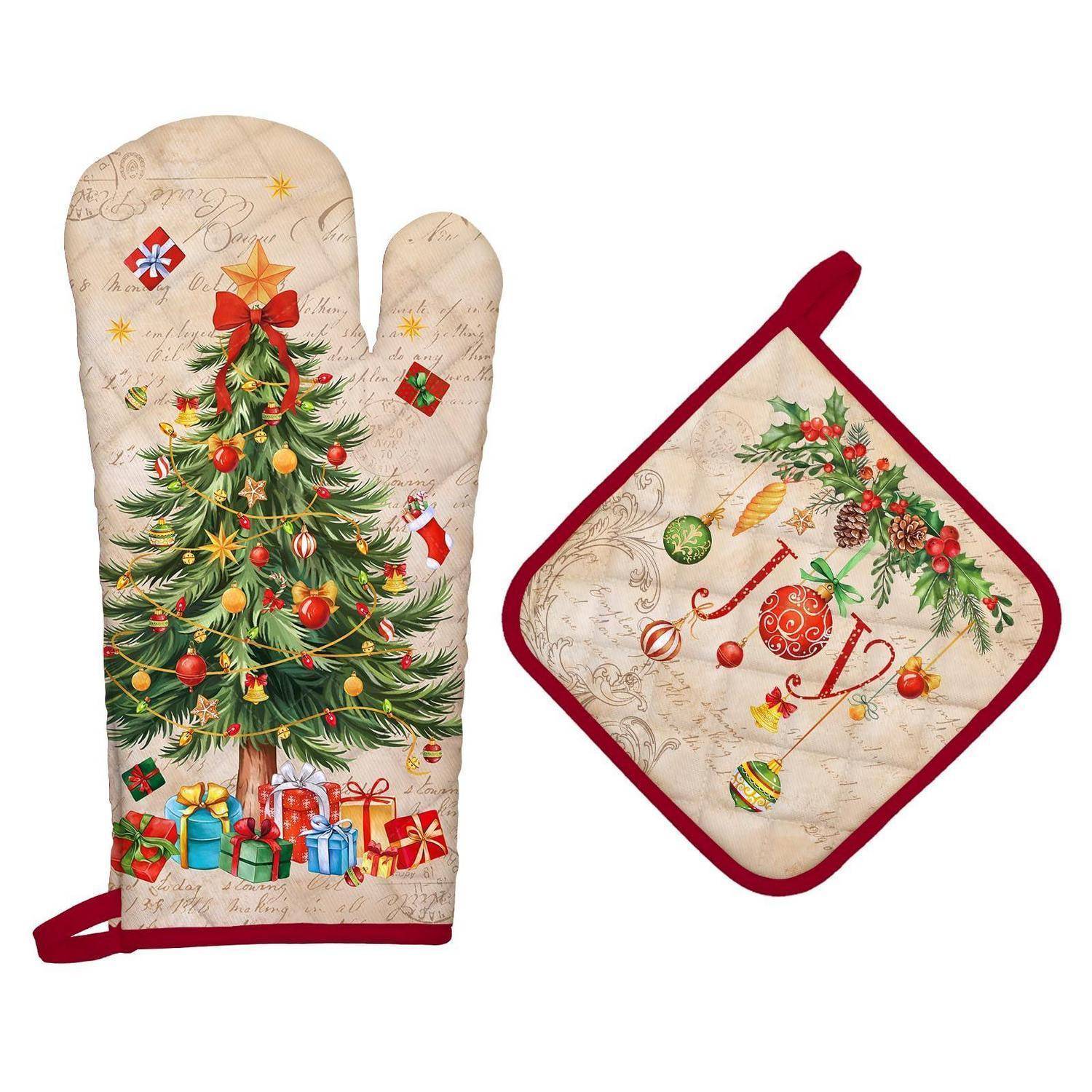 Weihnachtlicher Ofenhandschuh und passendes Topflappen-Set mit Tannenbaum, Christbaumkugeln, Girlande und eingepackten Geschenken.