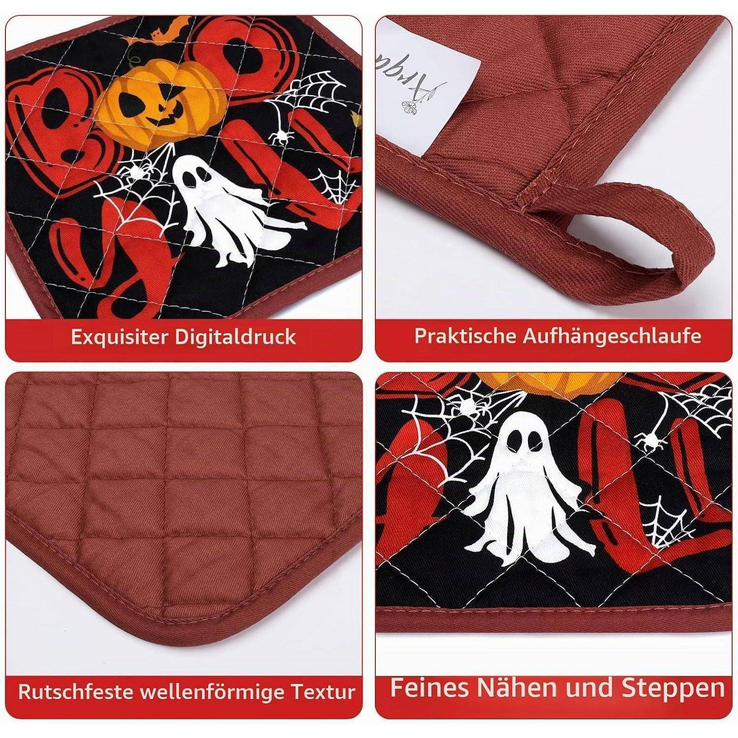 Collage einer Halloween-Design-Ofenhandschuh mit Kürbis- und Geistermotiv, Aufhängeschlaufe, strukturierte rutschfeste Rückseite und gesteppte Kanten