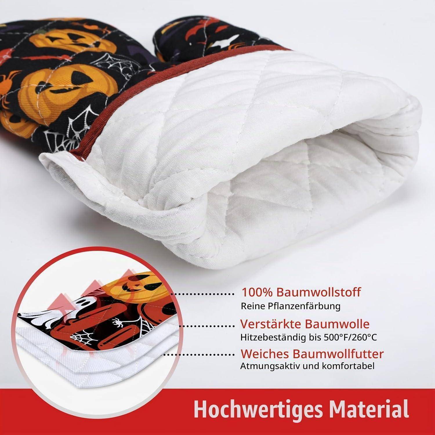 Produktbild eines Halloween-Themen-Ofenhandschuhs mit Wattierung aus weißer Baumwolle und Beschriftungen, auf denen '100% Baumwollstoff', 'Verstärkte Baumwolle' und 'Weiches Baumwollfutter' zu lesen sind.