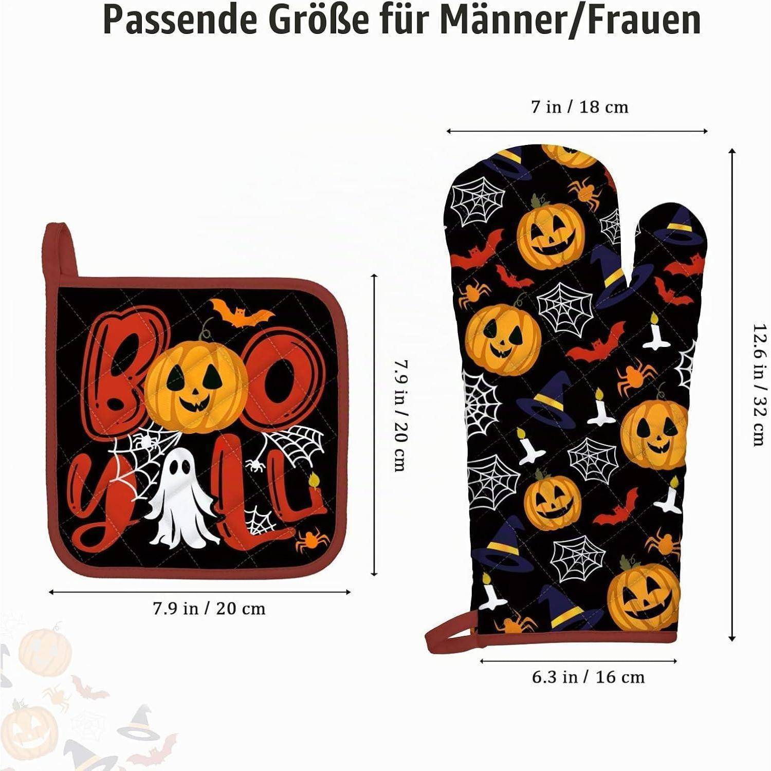 Halloween-Ofenhandschuh- und Topflappen-Set mit Kürbis-, Gespenster-, Fledermaus- und Spinnennetz-Muster; gekennzeichnete Größen zeigen Handschuh 12,6 x 6,3 Zoll und Topflappen 7,9 x 7,9 Zoll.