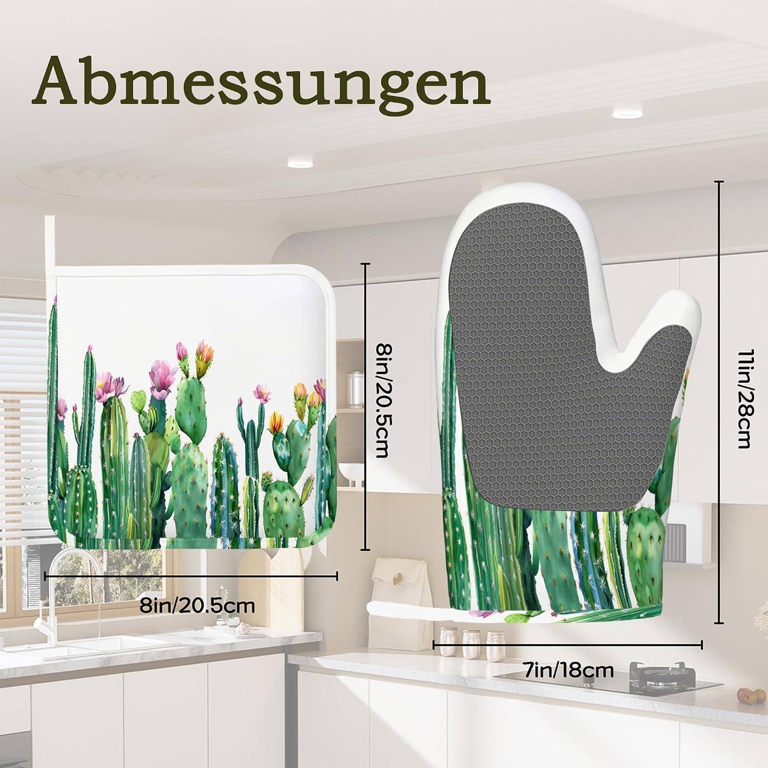 Ofenhandschuh mit Kaktusmuster, von vorne und hinten gezeigt, mit Abmessungen: 28 cm/11 Zoll hoch, 20,5 cm/8 Zoll breit, 18 cm/7 Zoll Handflächenbreite.