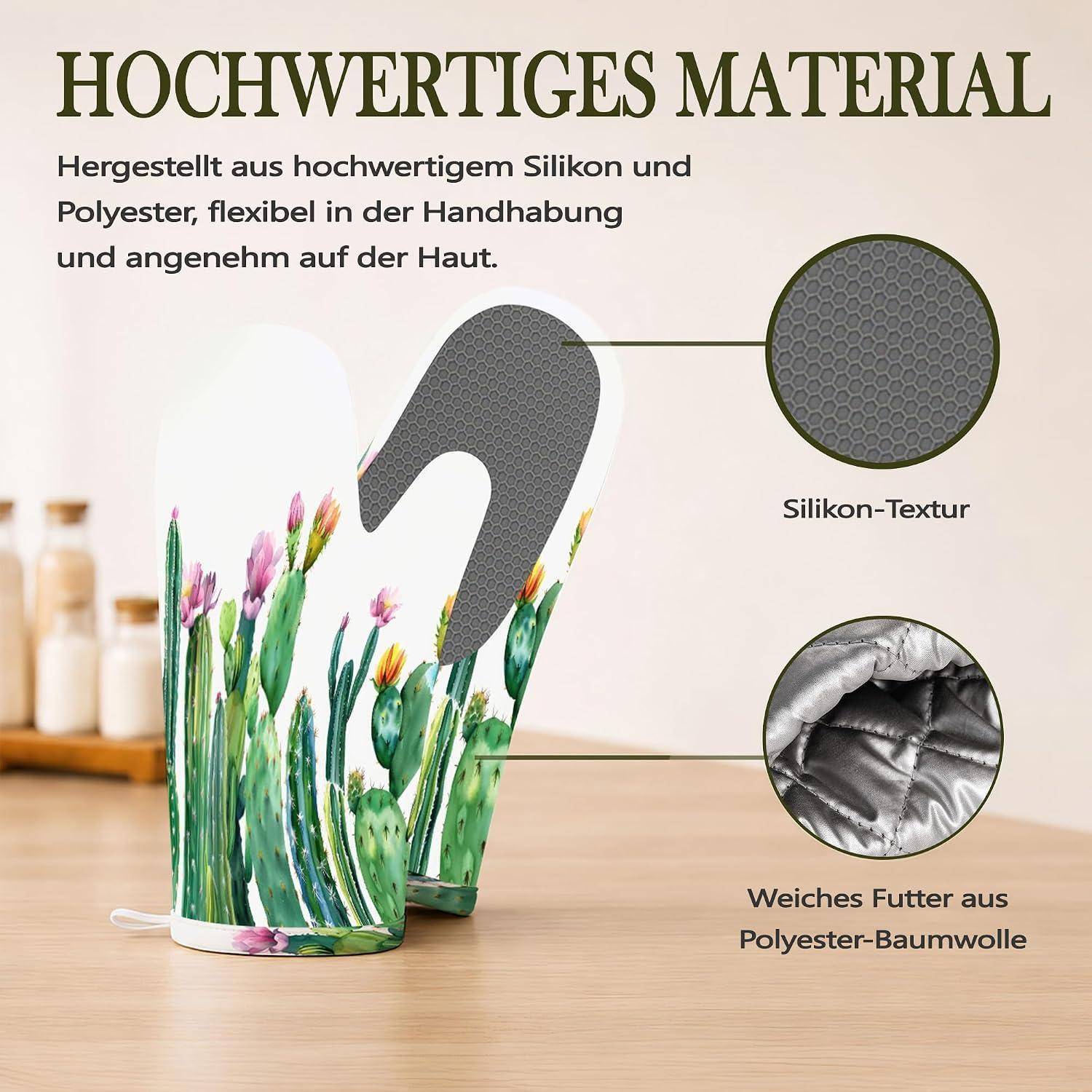 Werbebilder von zwei vogelförmigen Pflanzgefäßen aus Silikon und Polyester, die Silikonstruktur und weiches Polyester-Baumwoll-Futter mit deutschem Text „Hochwertiges Material