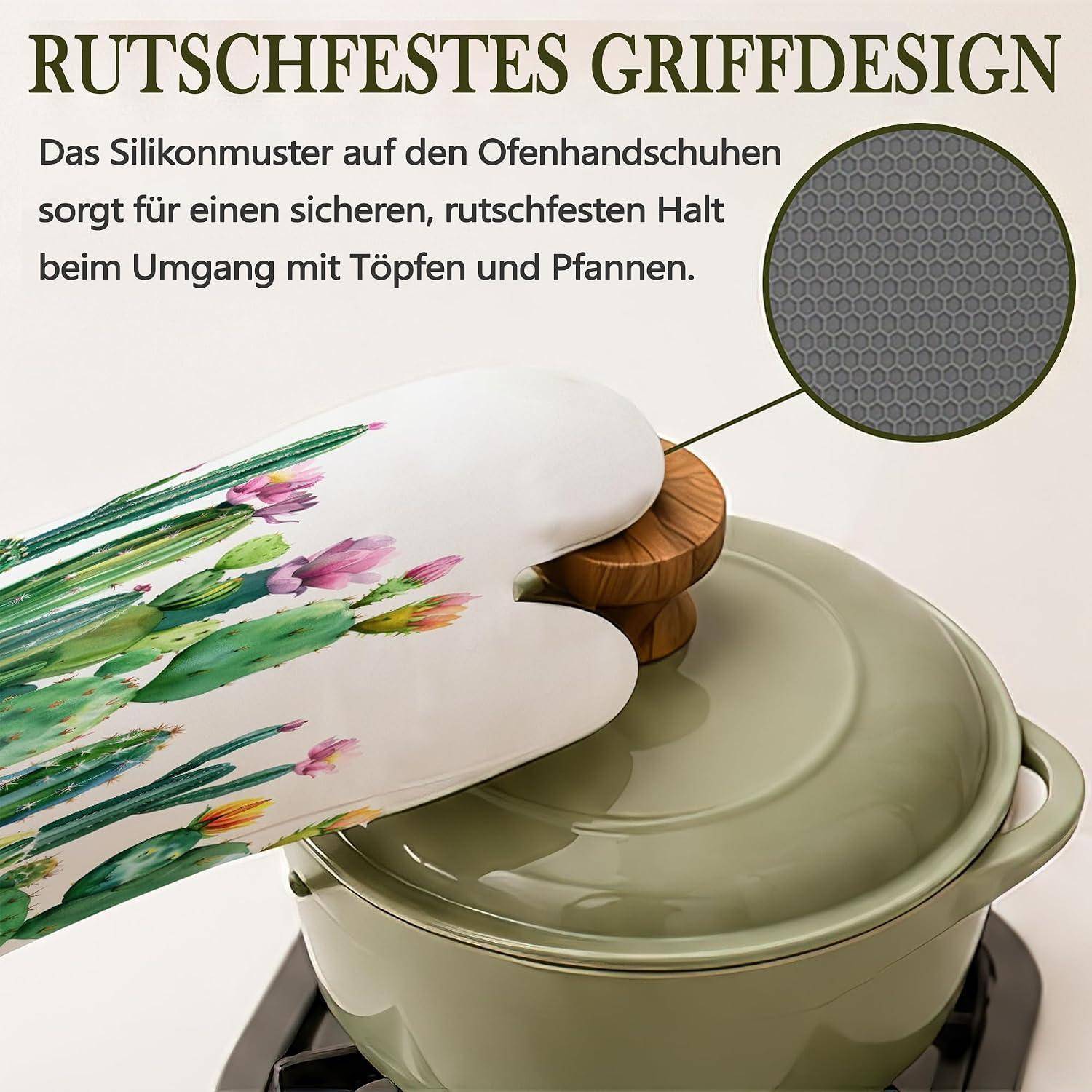 Ofenhandschuh, der einen Topfdeckel greift, wobei ein Silikonmuster für einen sichereren, rutschfesten Griff hervorgehoben wird; Deutscher Text sagt „rutschfestes Griffdesign