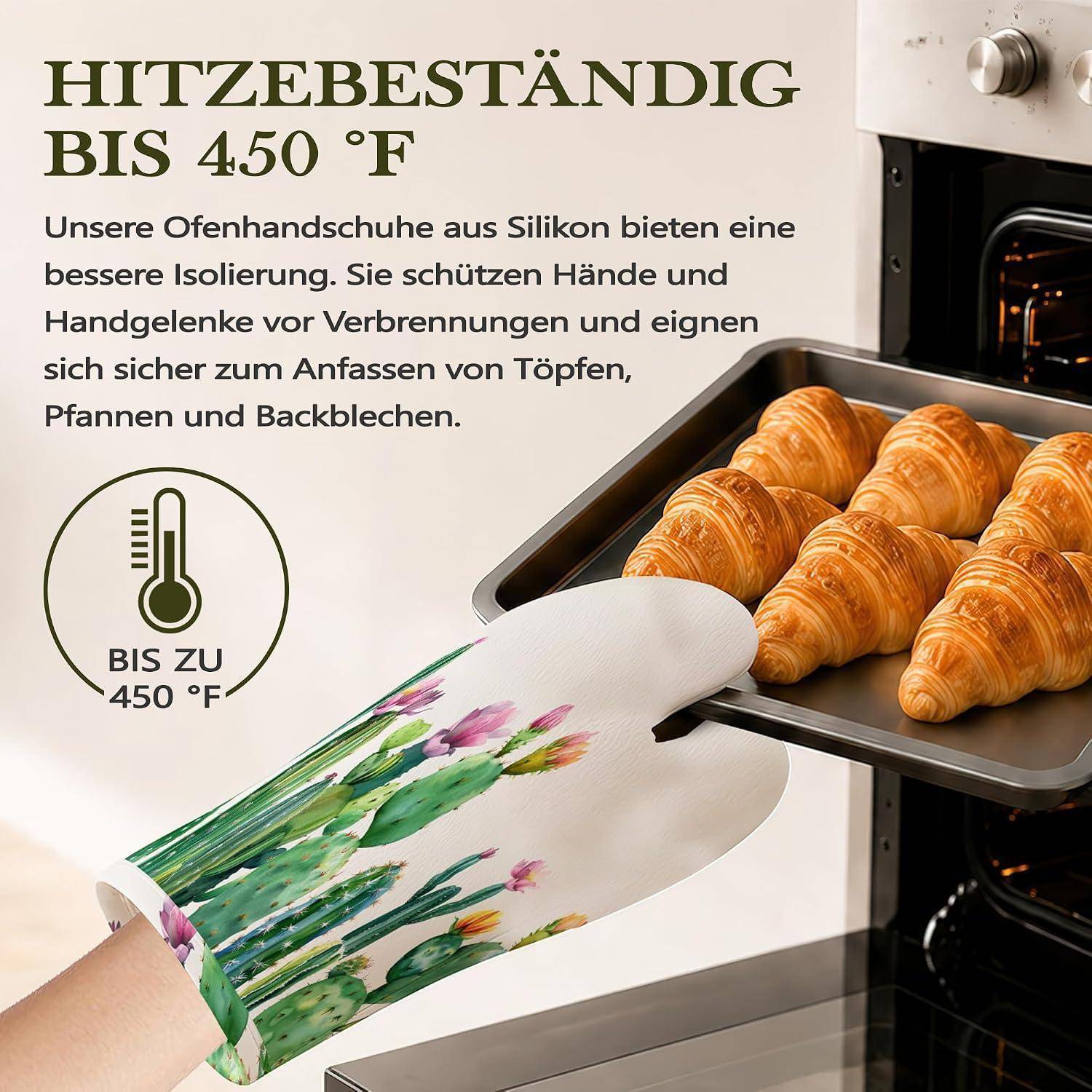 Bewerbungsbild einer Blumen-Ofenhandschuh, der ein heißes Backblech mit Croissants in einem Ofen hält, das Wärmebeständigkeit bis 450°F bewirbt.