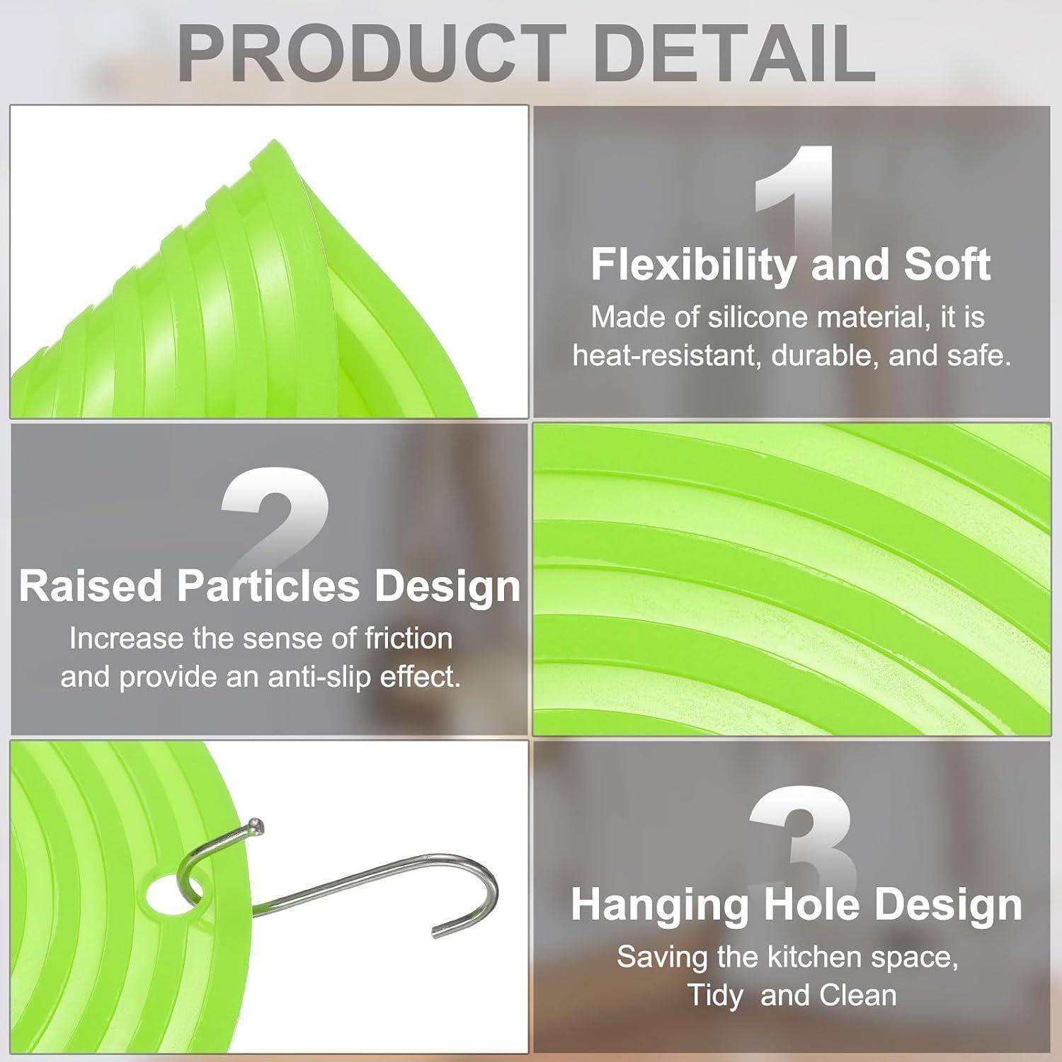 Produktdetail-Grafik für einen grünen Silikonartikel, der Flexibilität und Weichheit hervorhebt, mit erhöhten rutschfesten Partikeln und einem Aufhängeloch für platzsparende Lagerung.