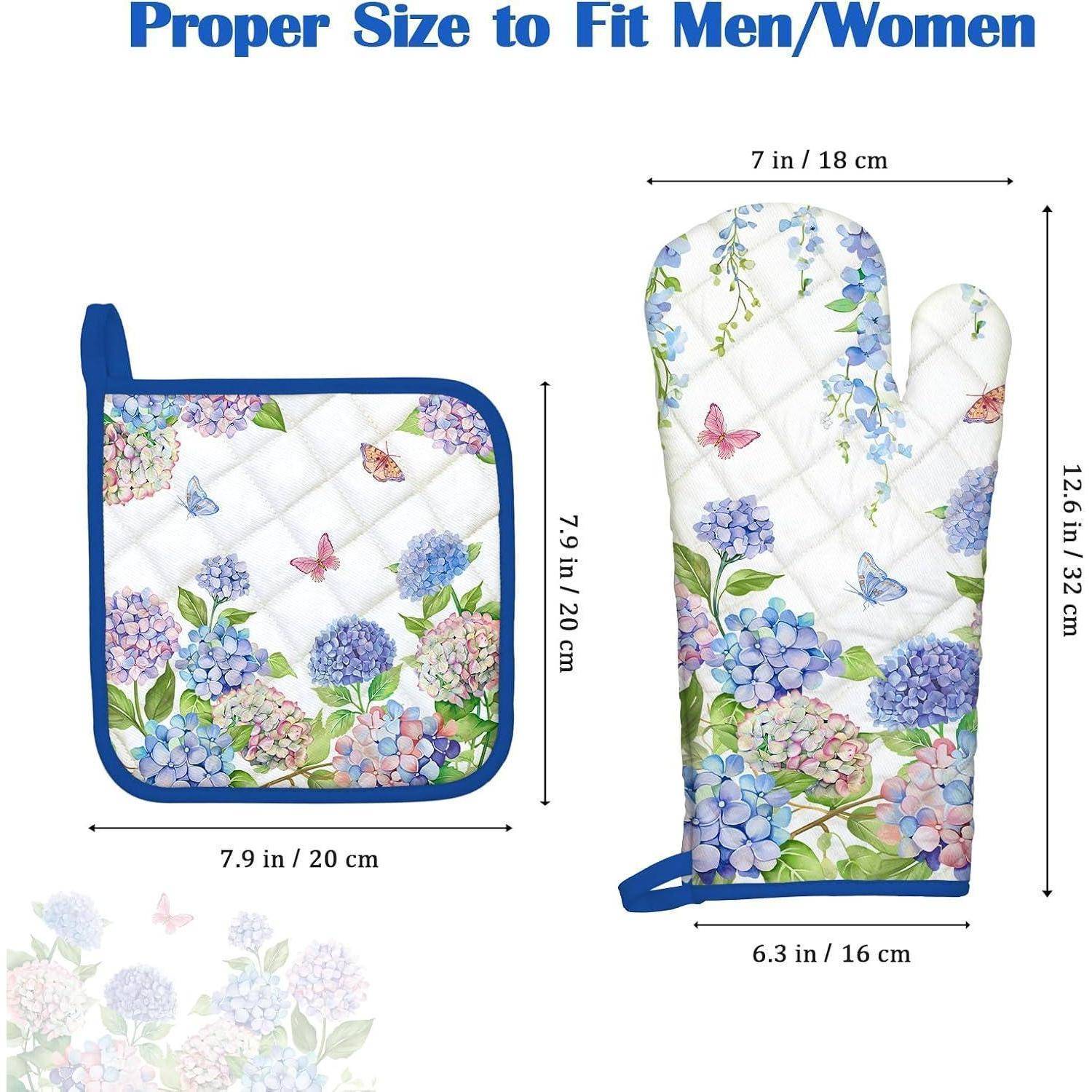 Größenleitfaden für Blumen-Ofenhandschuh und Topflappen: Handschuh ist 12,6 x 6,3 Zoll, Topflappen 7,9 x 7,9 Zoll, mit dem Titel „Richtige Größe für Männer/Frauen