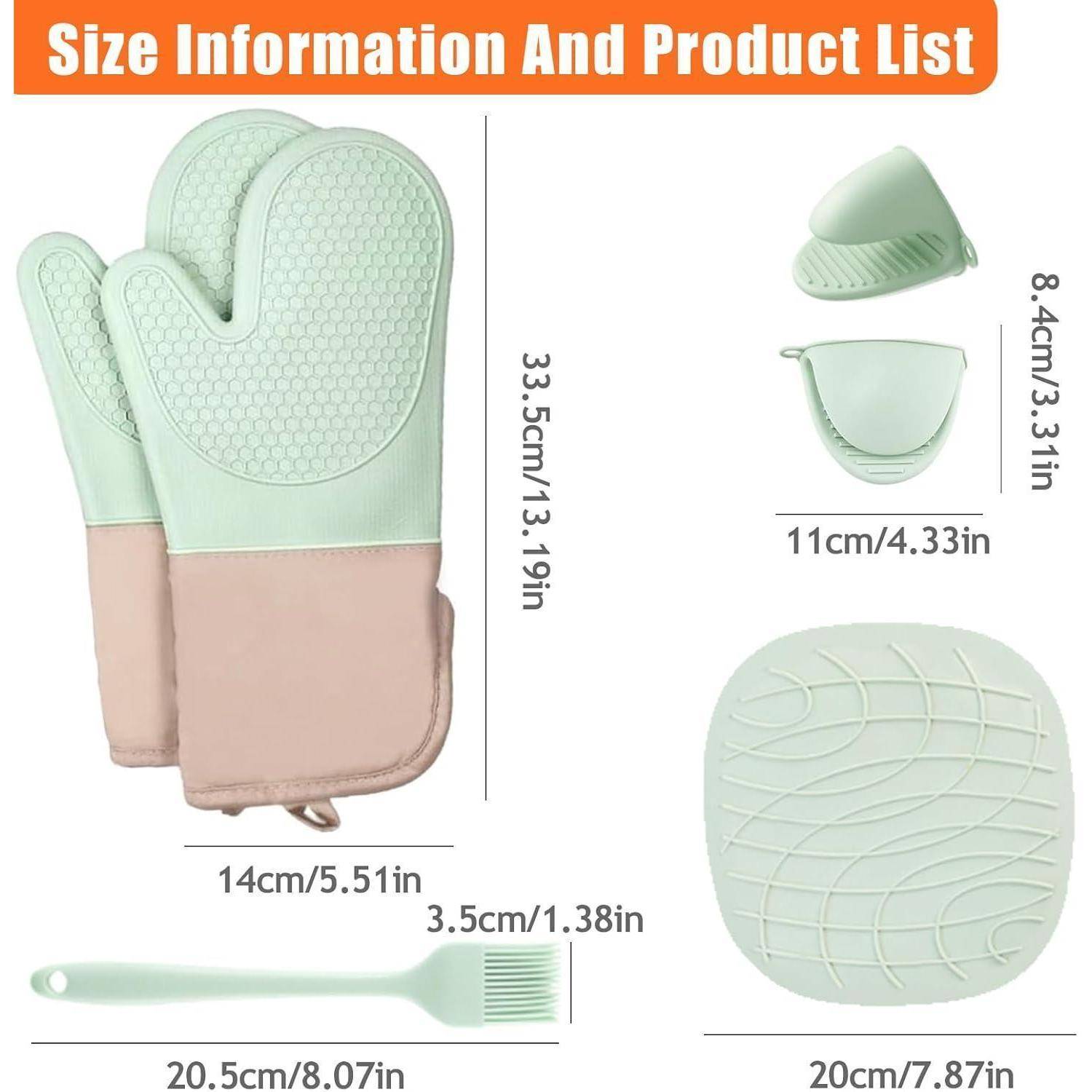 Produktgrößentabelle mit einem mintgrünen Ofenhandschuh, Mini-Ofenhandschuh, Ofenhandschuh-Halter und Silikonbratrohrbürste mit Abmessungen in cm und Zoll gekennzeichnet.