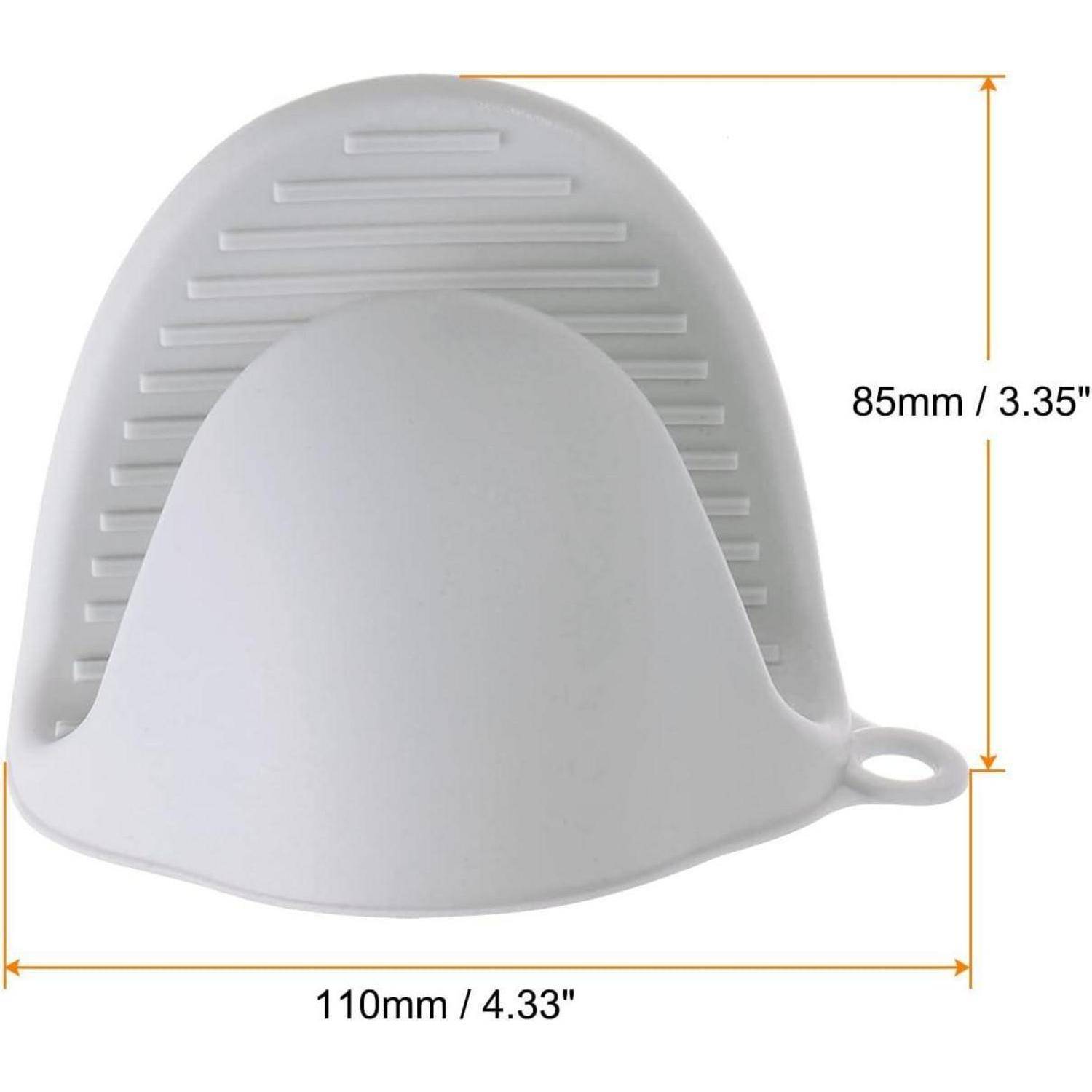 Weißer Silikon-Ofenhandschuh von vorne gezeigt mit Aufhängeschlaufe; Abmessungen 110 mm breit und 85 mm hoch.