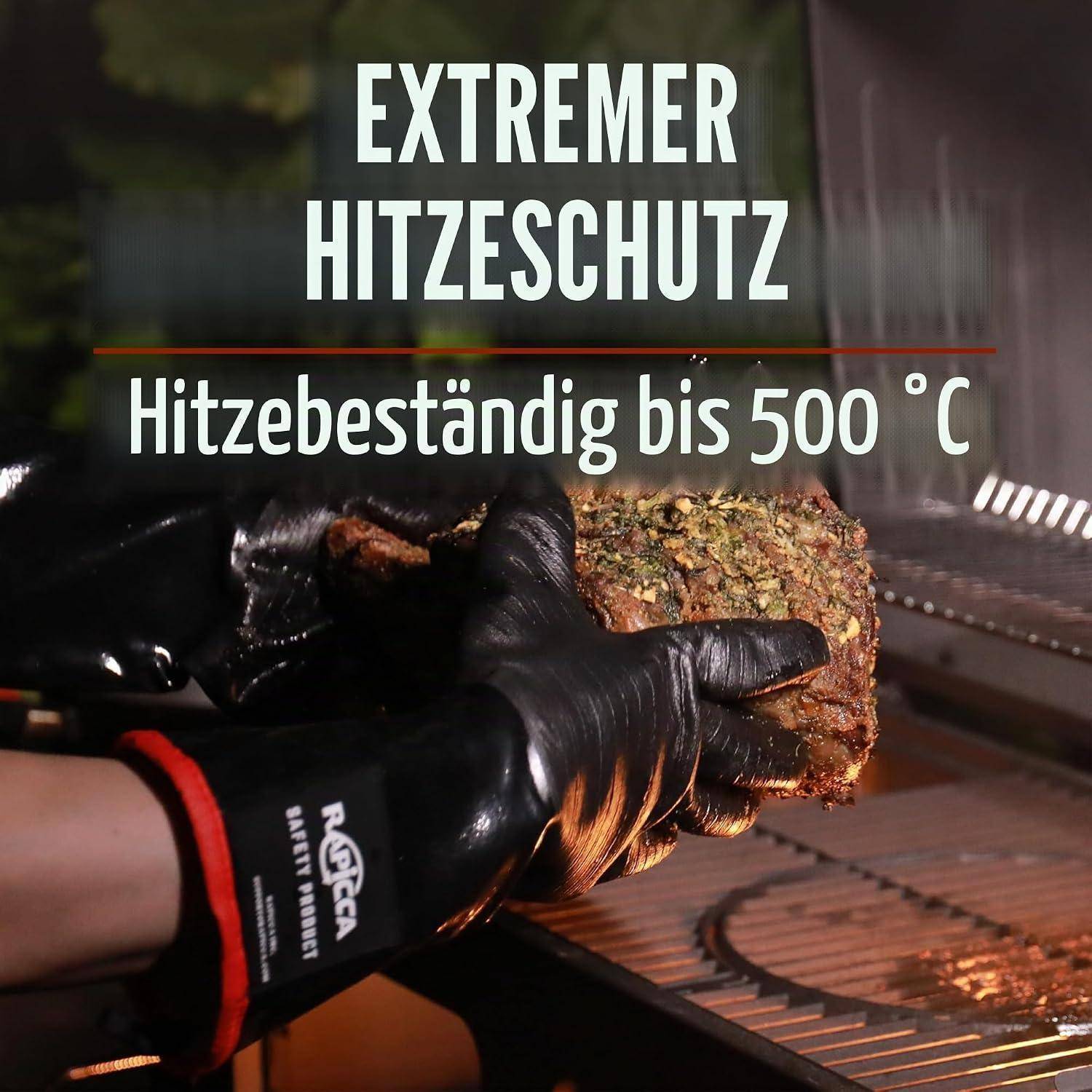 Handschuhe halten ein heißes Fleischstück auf einem Grill; deutscher Text liest sich „EXTREMER HITZESCHUTZ