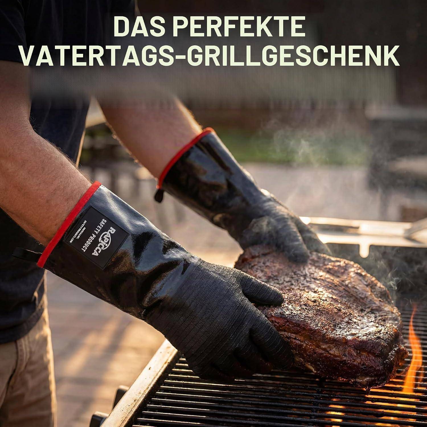 Person in hitzebeständigen Handschuhen flippt ein Steak auf einem Grill; Text lautet „DAS PERFEKTE VATERTAGS-GRILLGESCHENK