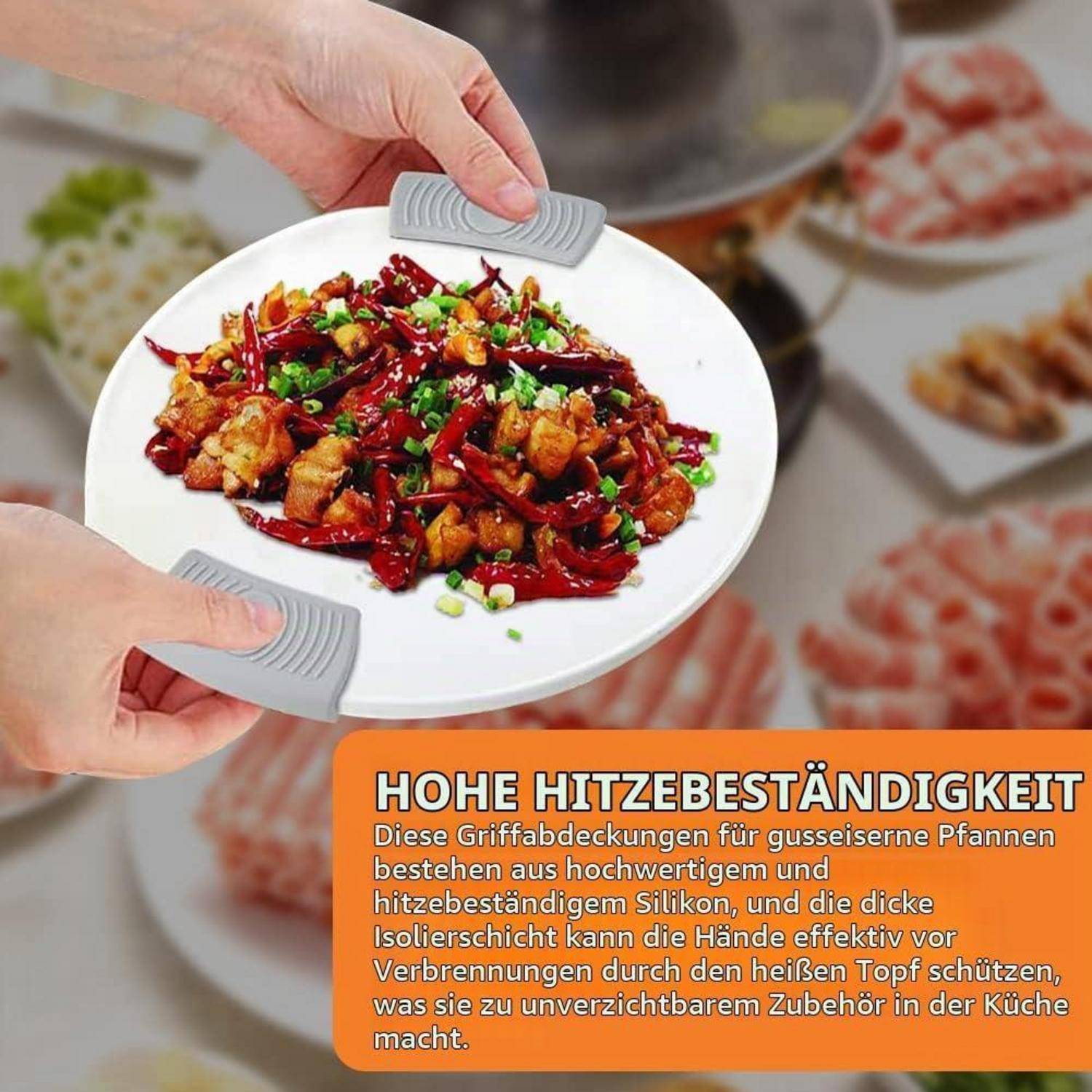 Hände, die einen heißen Teller mit Speisen mit grauen Silikongriffabdeckungen halten; Der deutsche Text besagt, dass die Abdeckungen hohe Hitzebeständigkeit bieten und die Hände vor Verbrennungen schützen.