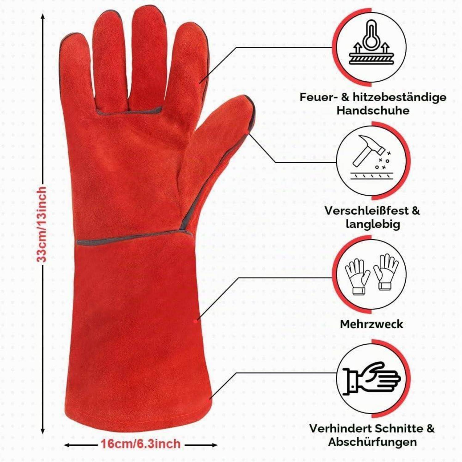Rote hitzebeständige Arbeitshandschuhe mit deutschen Beschriftungen für Feuer- und Hitzebeständigkeit, Langlebigkeit, Mehrfachverwendung und Schutz vor Schnitten und Abschürfungen; 33 cm hoch, 16 cm breit.