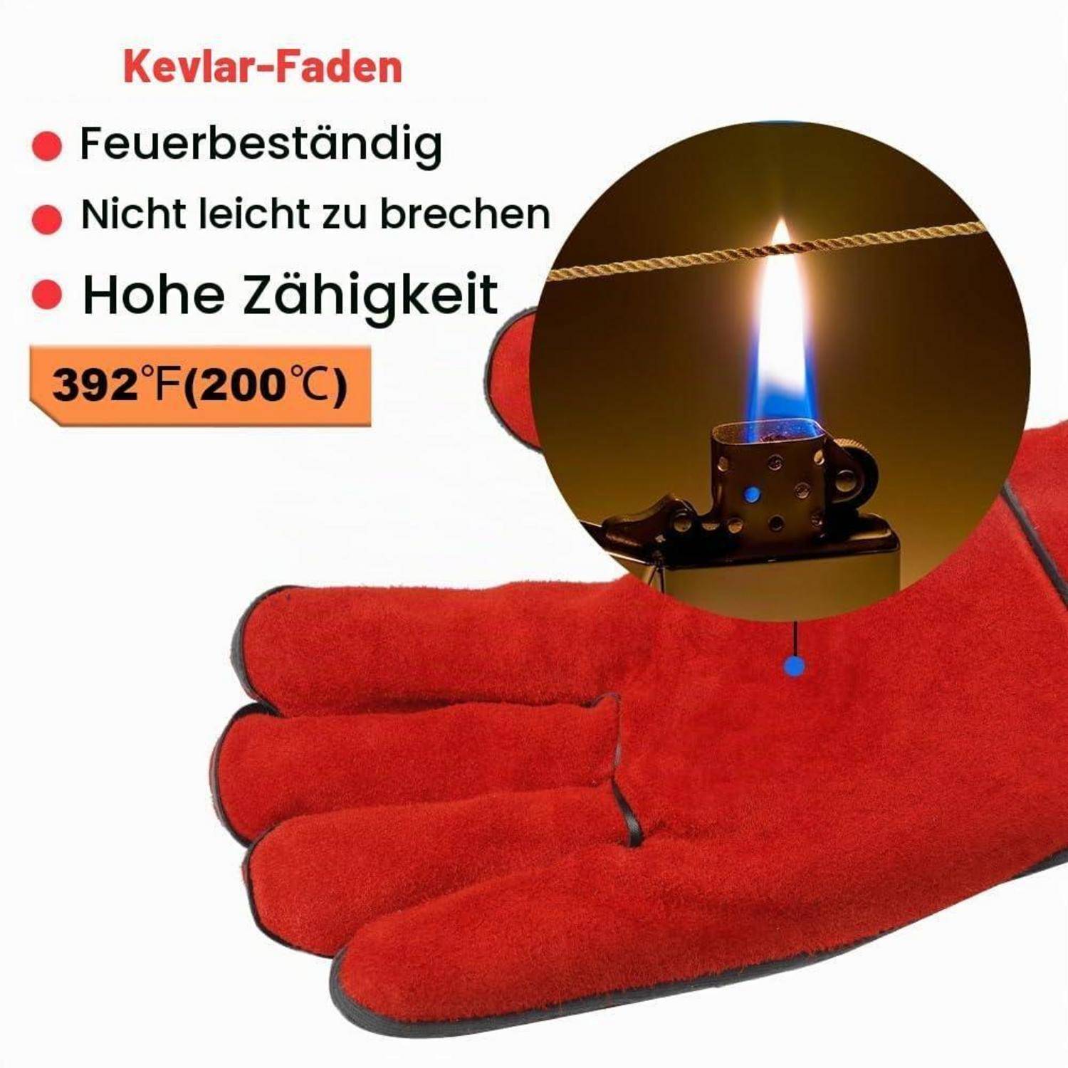 Feuerfeste Handschuhe Leder hitzebeständig bis 200°C Rot