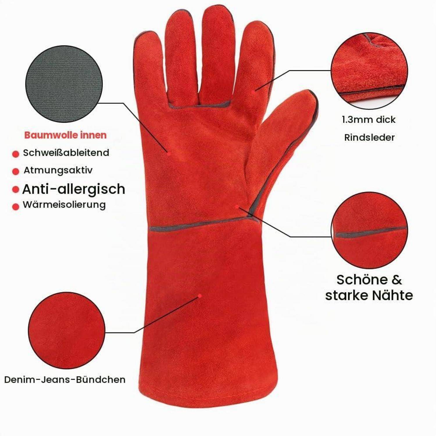 Roter Lederarbeitshandschuh mit Baumwollfutter, Jeansmanschette, starken Nähten und Callouts, die schweiß­ableitende, atmungsaktive, antiallergische und isolierende Eigenschaften hervorheben.
