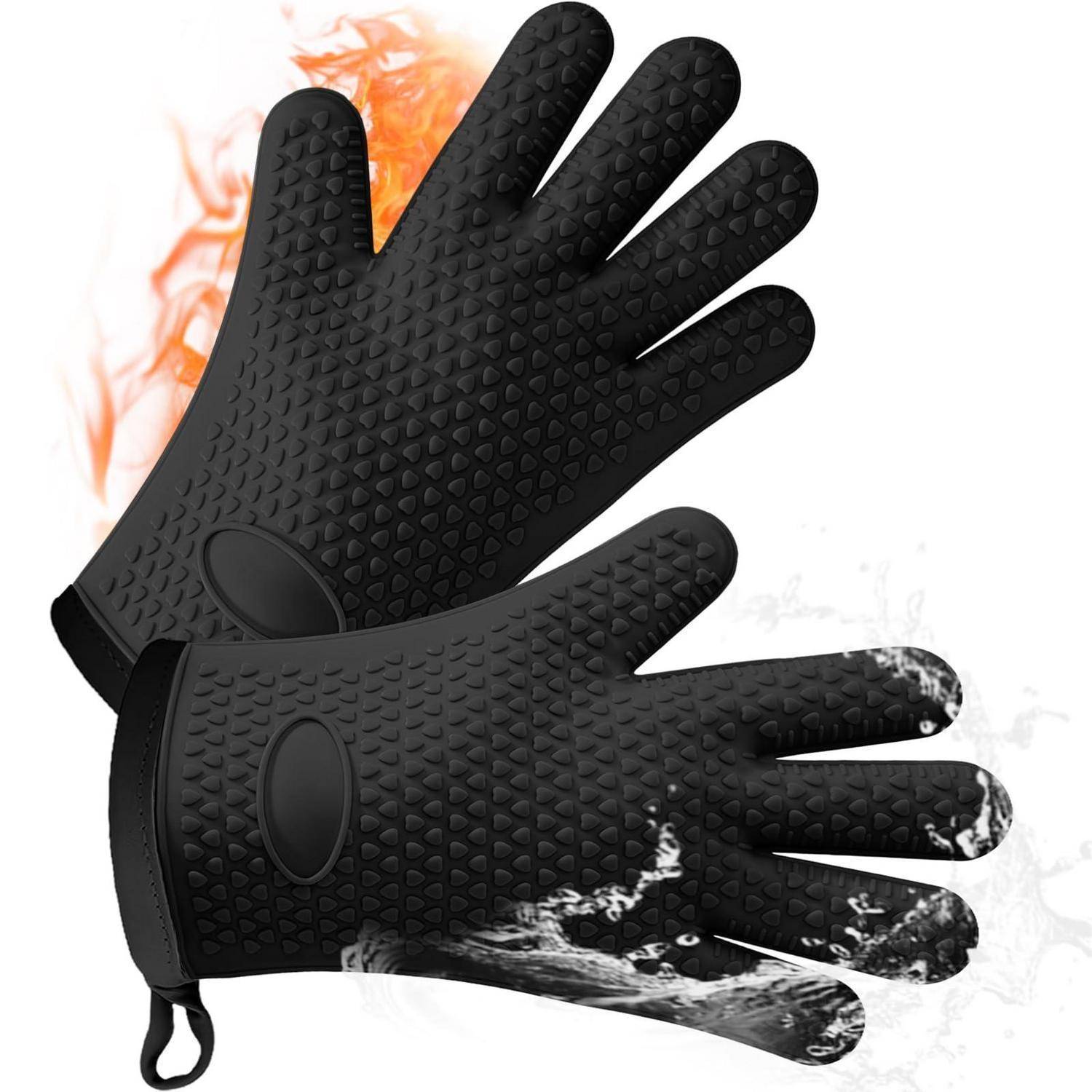 Paar schwarze strukturierte hitzebeständige Handschuhe, einer mit orangefarbigen Flammen und der andere mit weißen Wassertropfen, gezeigt als Schutzausrüstung.