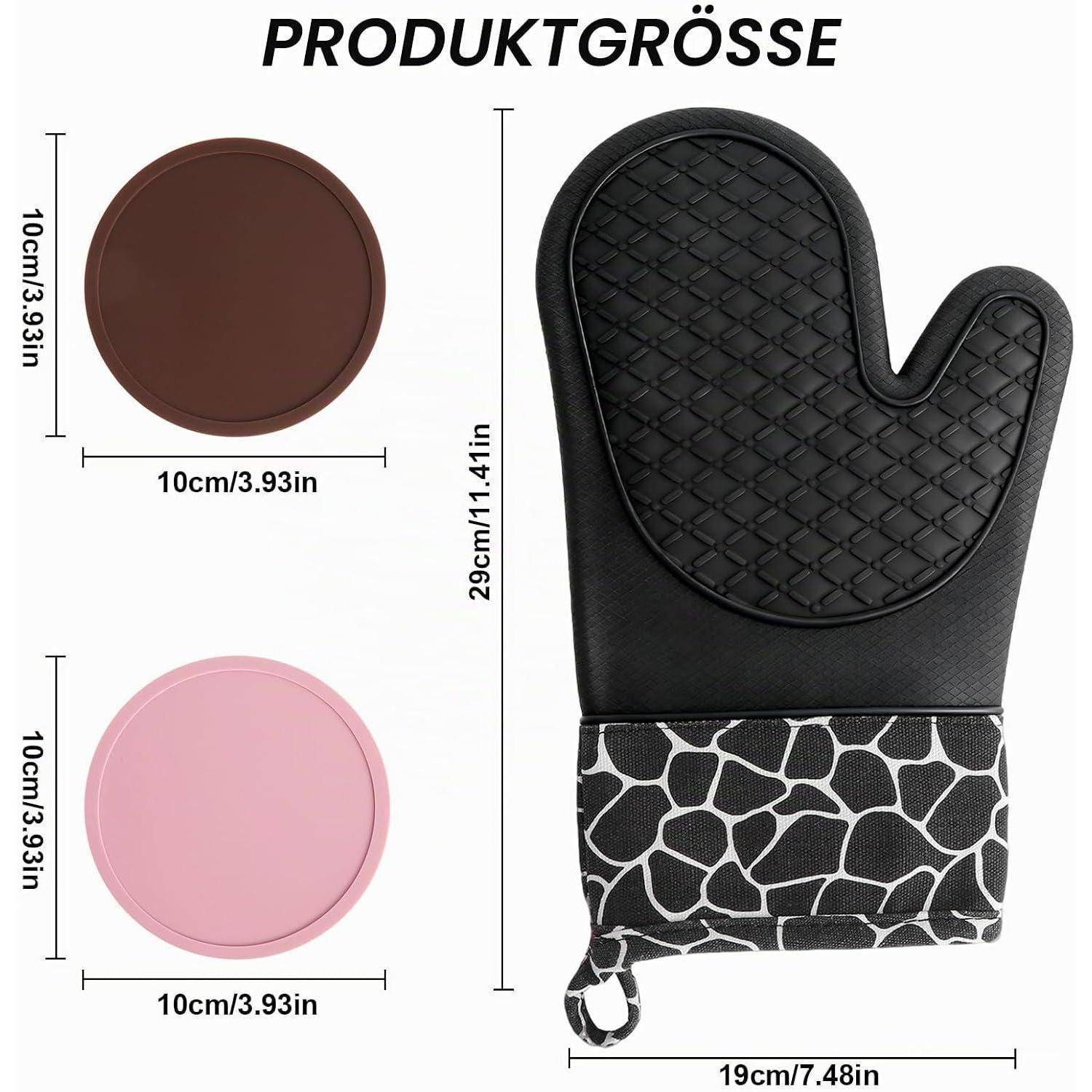 Produktgrößentabelle mit einem schwarzen Ofenhandschuh und zwei runden Unterlagen; Handschuh misst 29 cm Höhe und 19 cm Breite, Unterlagen haben einen Durchmesser von 10 cm.