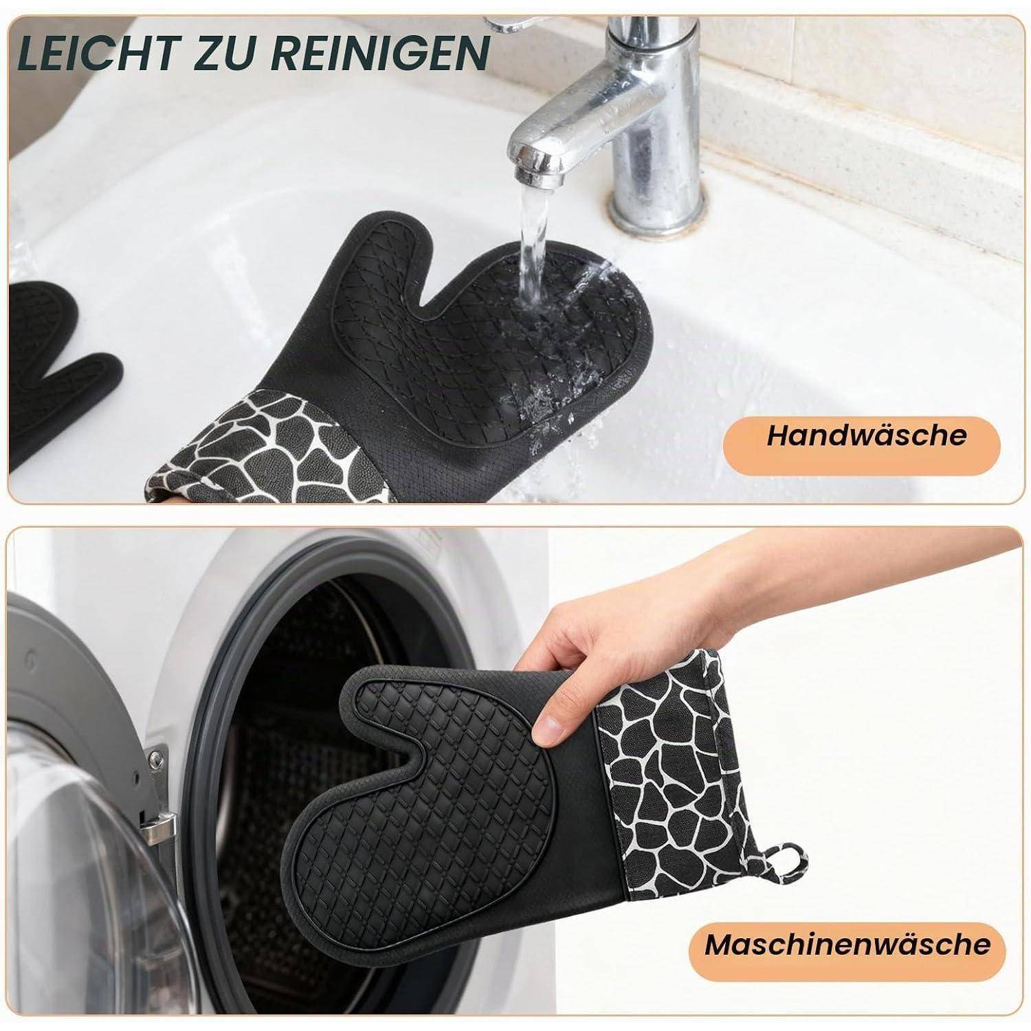 Zwei-Panel-Bild, das einen schwarzen Ofenhandschuh zeigt, der von Hand an einem Waschbecken gewaschen wird und in einer Waschmaschine; der Text besagt 
