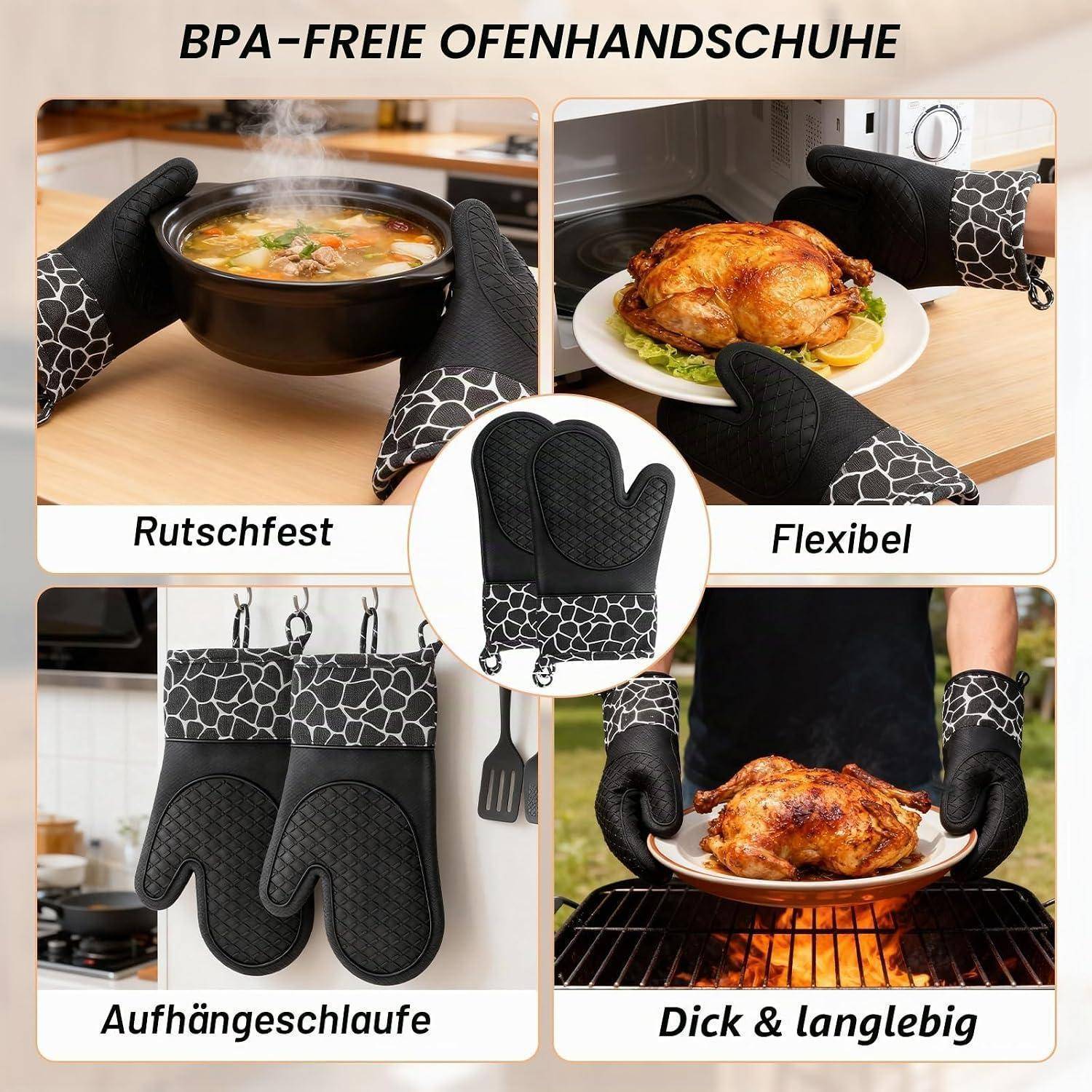 Collage von BPA-freien Ofenhandschuhen, die hitzebeständige, rutschfeste, flexible Handschuhe mit Aufhängeschleifen und dickem, strapazierfähigem Design bei der Verwendung mit heißen Gerichten zeigt.