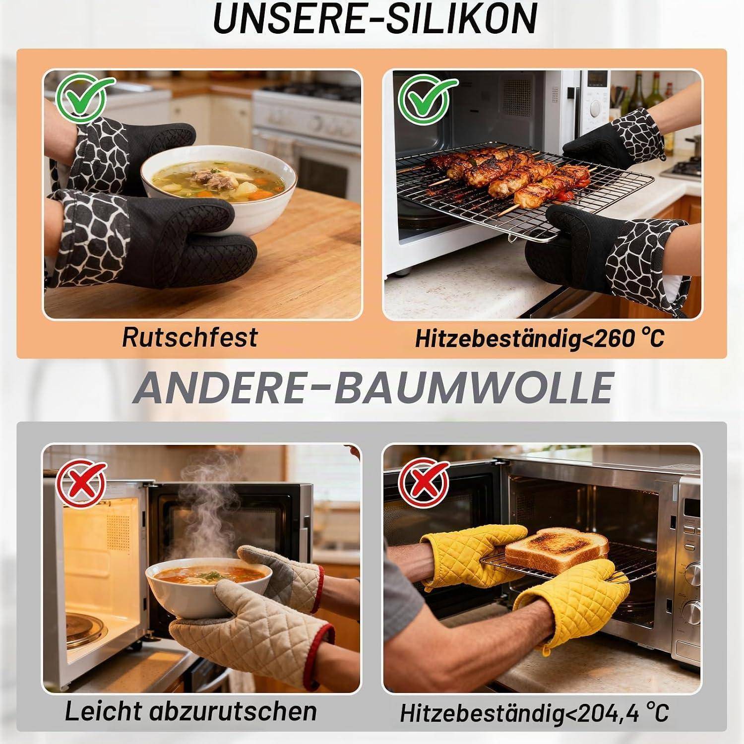 Vergleich von Silikon- und Baumwollofenhandschuhen: Silikon ist rutschfest und hitzebeständig bis 260°C; Baumwolle rutscht leicht und ist nur bis 204,4°C hitzebeständig.
