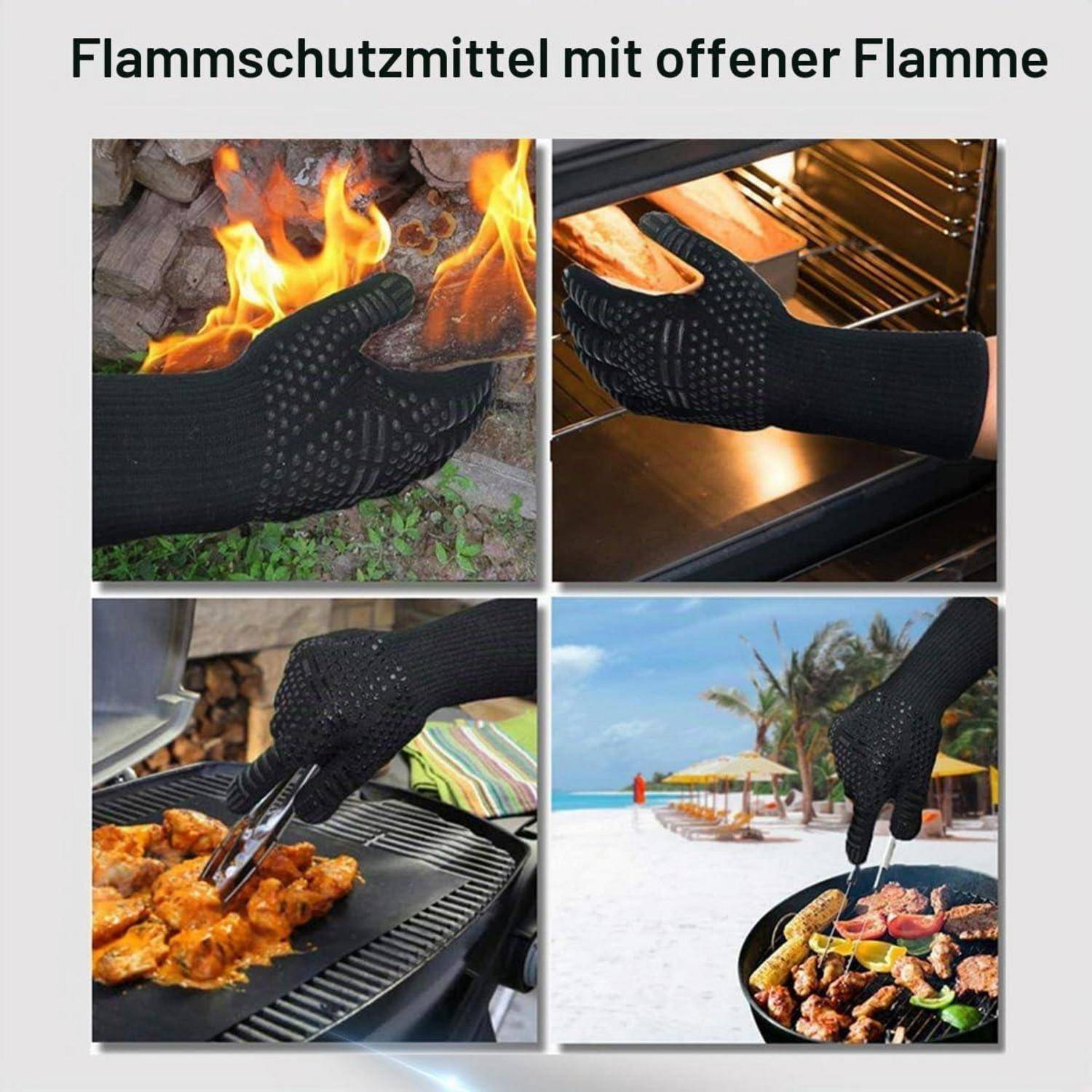 Collage eines hitzebeständigen Handschuhs, der sicher mit offenen Flammen, einem Ofen, einem Grill und einem Strandgrill verwendet wird; der Titel besagt „Flammenschutzmittel mit offener Flamme