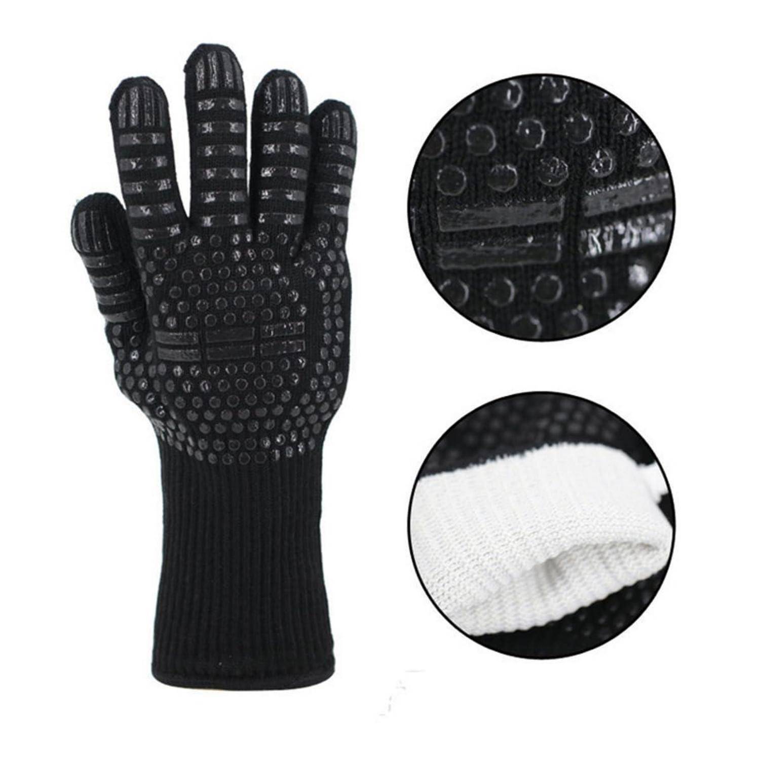 Schwarze Strickarbeitshandschuh mit Gummigriffpunkten auf der Handfläche und den Fingern, gezeigt mit Nahaufnahmen der strukturierten Grifffläche und weißem Manschettenfutter.