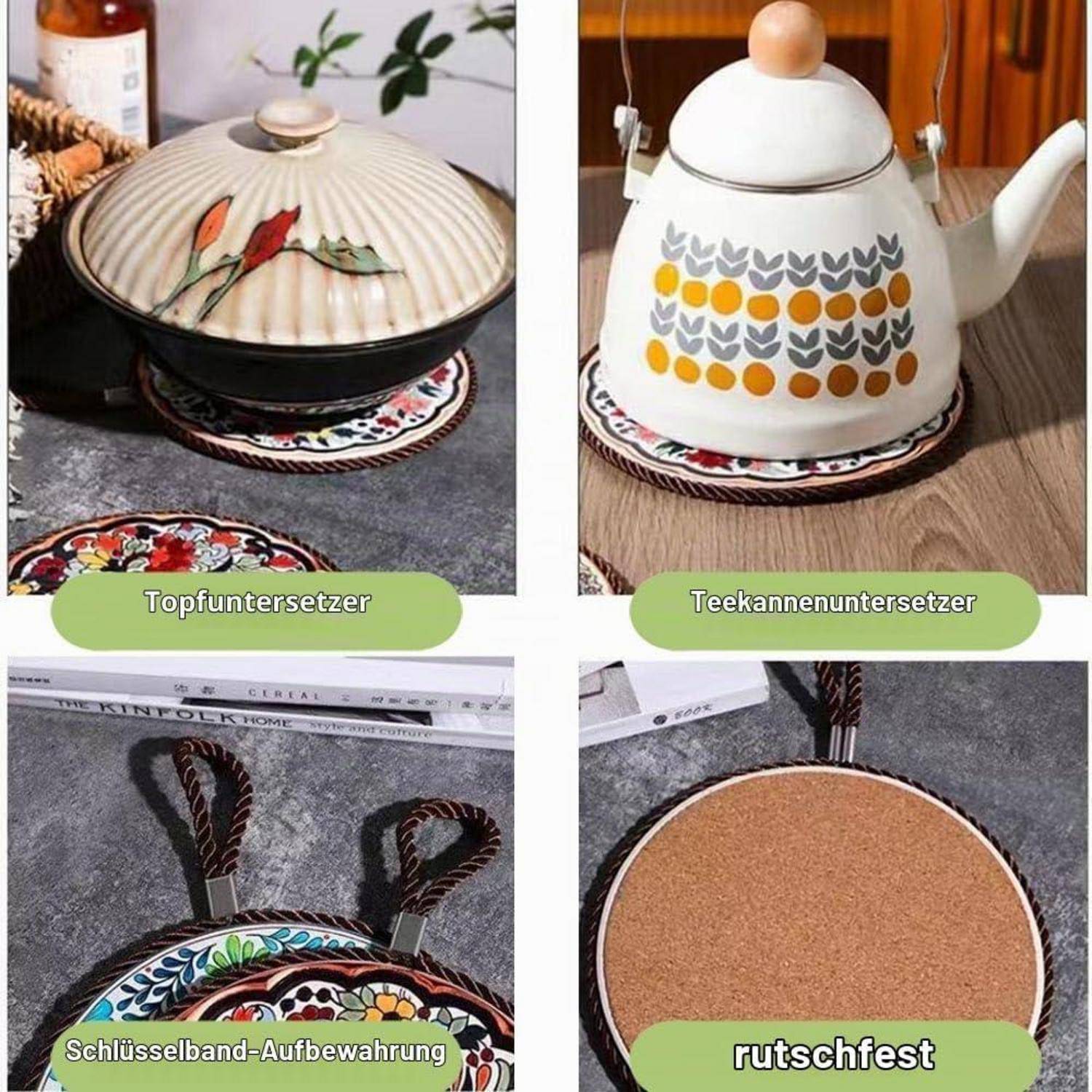 Vierteiliges Produktkollage mit dekorativen Flechtuntersetzern: Topfuntersetzer, Teekannuntersetzer, Schlüsselband-Aufbewahrung und eine rutschfeste Matte mit Korkrücken.