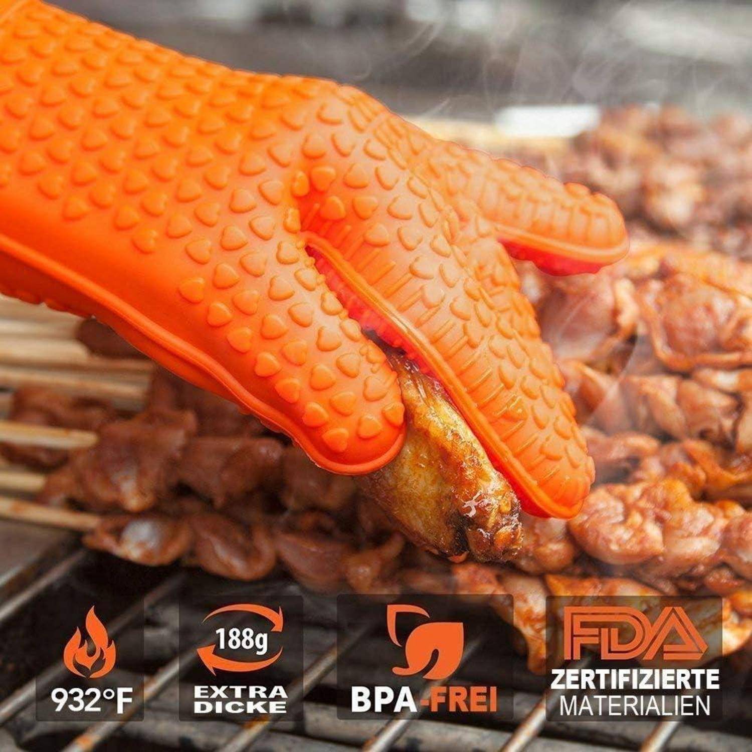 Orangener hitzebeständiger Handschuh, der Fleisch auf einem Grill hält, mit Symbolen für 932°F, 188g extra dick, BPA-frei und FDA-zertifizierte Materialien.