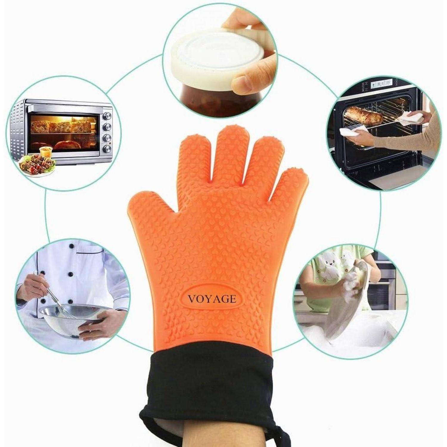 Orange Silikon-Ofenhandschuh mit schwarzem Bündchen, shown as hitzebeständig zum Handling von heißen Tellern, Ofenblechen, Töpfen und Dampf.