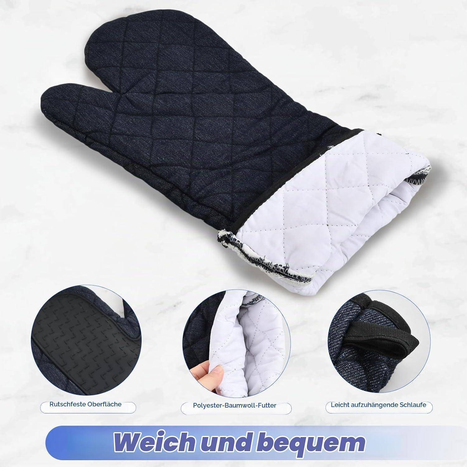 Schwarz gesteppter Ofenhandschuh mit weißem Bündchen auf hellem Hintergrund; drei Detailausschnitte zeigen rutschfeste Oberfläche, Baumwoll-Polyester-Futter und Aufhängeschlaufe.