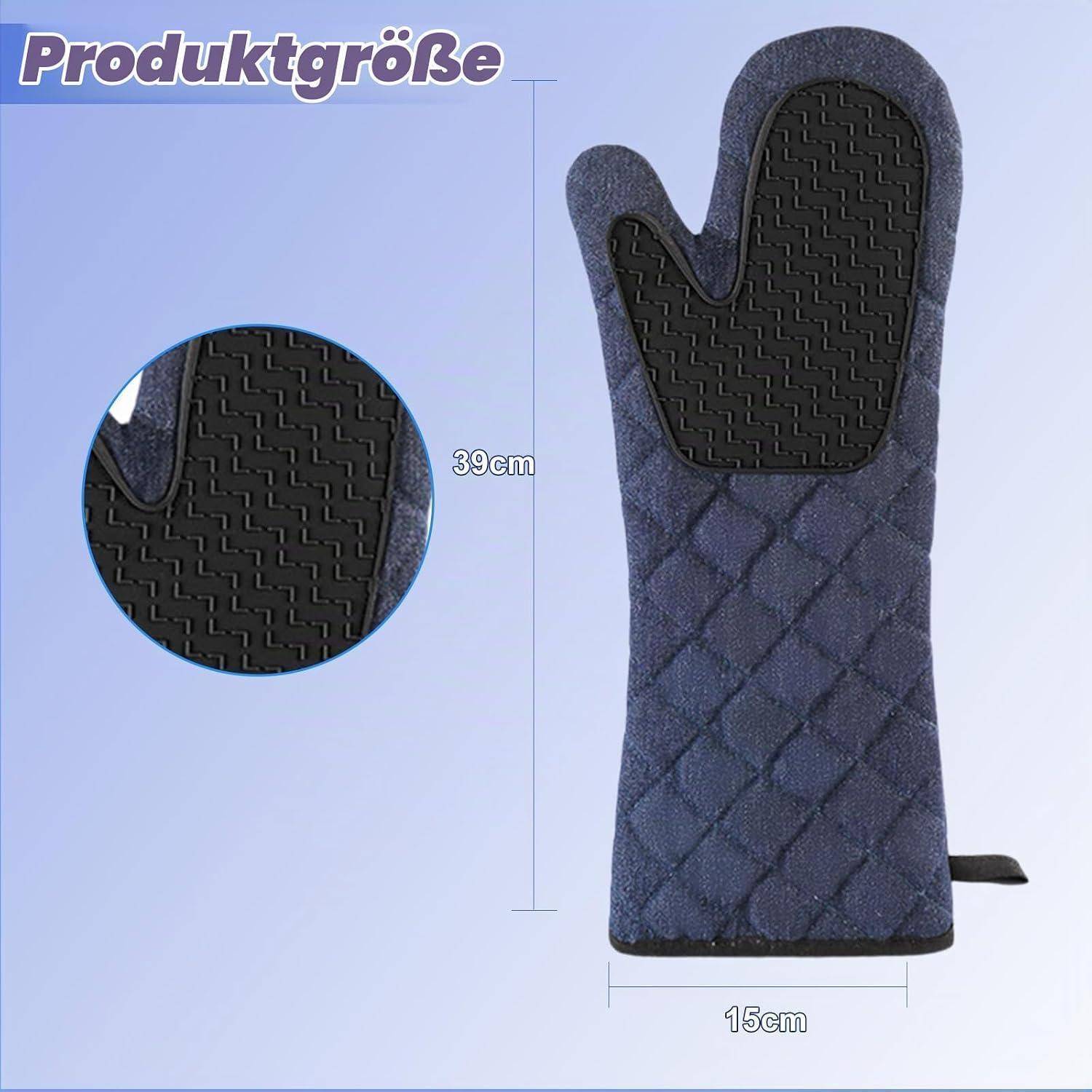 Blauer gesteppter Ofenhandschuh mit Abmessungen: 39 cm lang und 15 cm breit, mit der Bezeichnung 