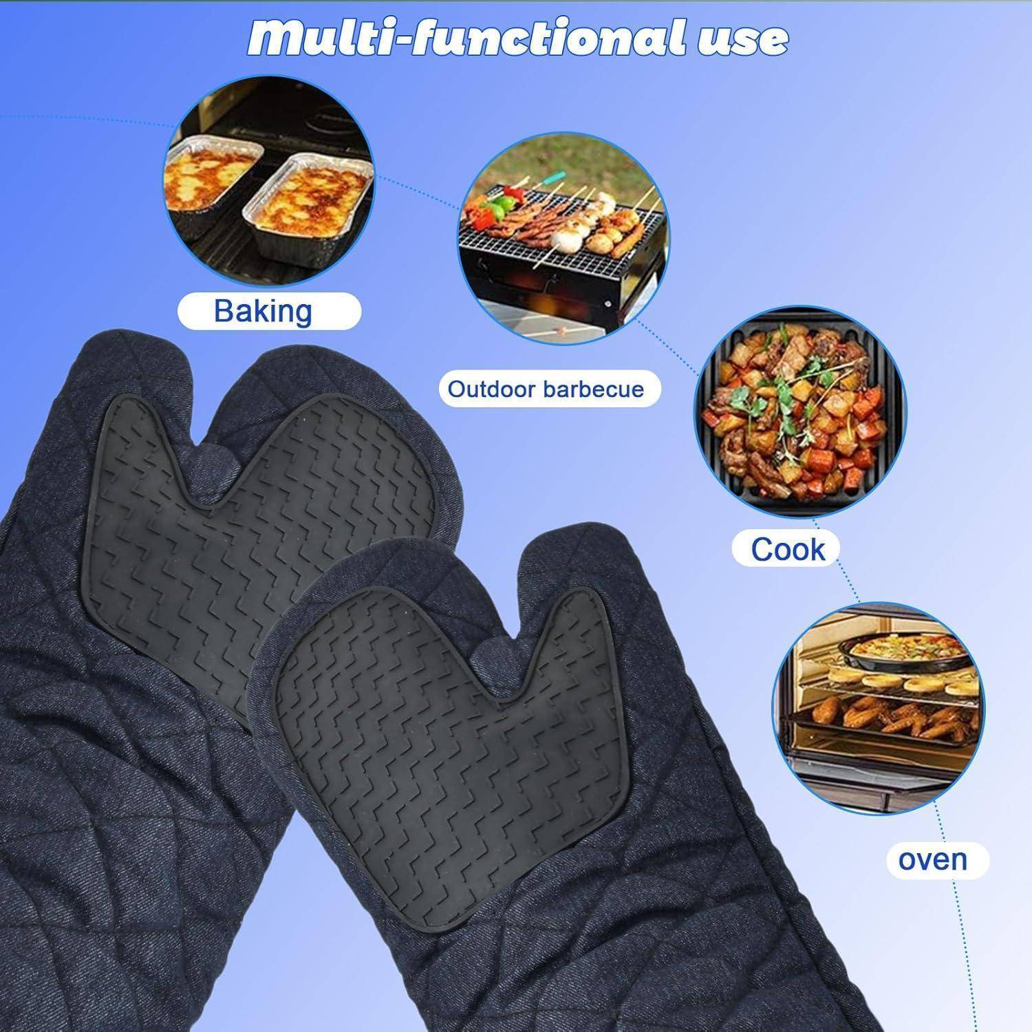 Schwarze hitzebeständige Ofenhandschuhe, die vielseitig einsetzbar sind zum Backen, für Außengrill, Kochen und Umgang mit dem Ofen.