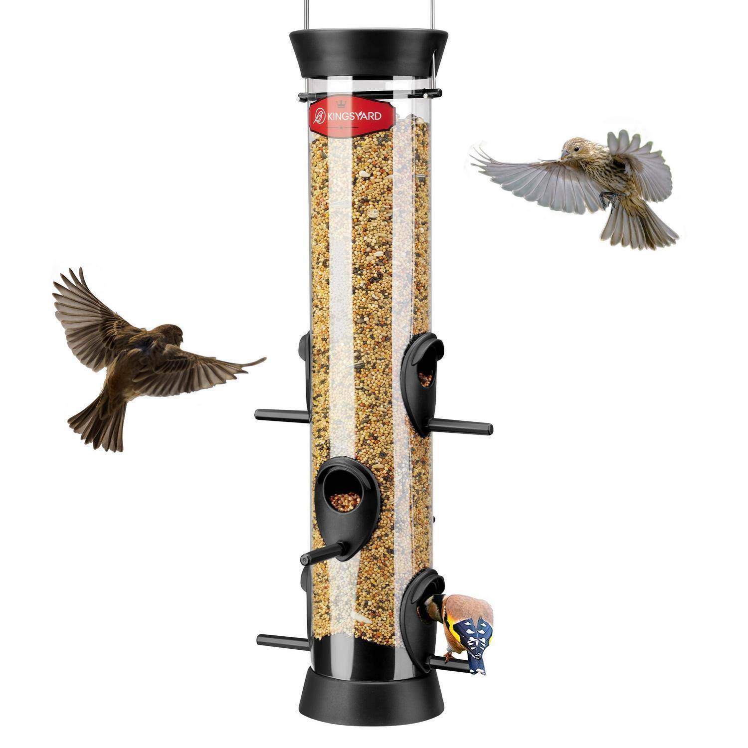 Röhrenfutterhaus gefüllt mit Samen, mit drei Vögeln, die von den Sitzstangen und Öffnungen fliegen und fressen.