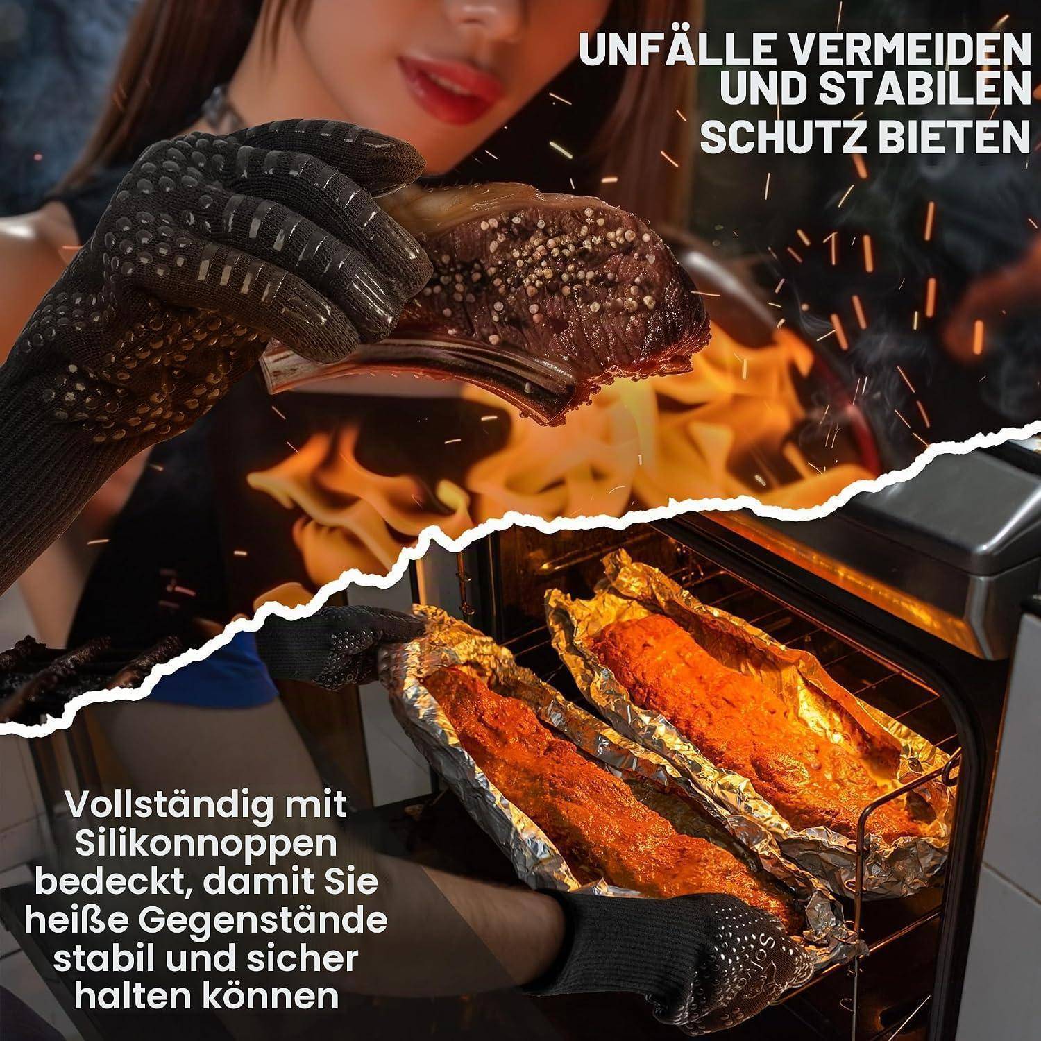 Person trägt wärmefeste Handschuhe und handhabt sicher heiße Lebensmittel im Ofen; deutscher Text bewirbt Unfallprävention und zuverlässigen Schutz mit Silikonnoppen.