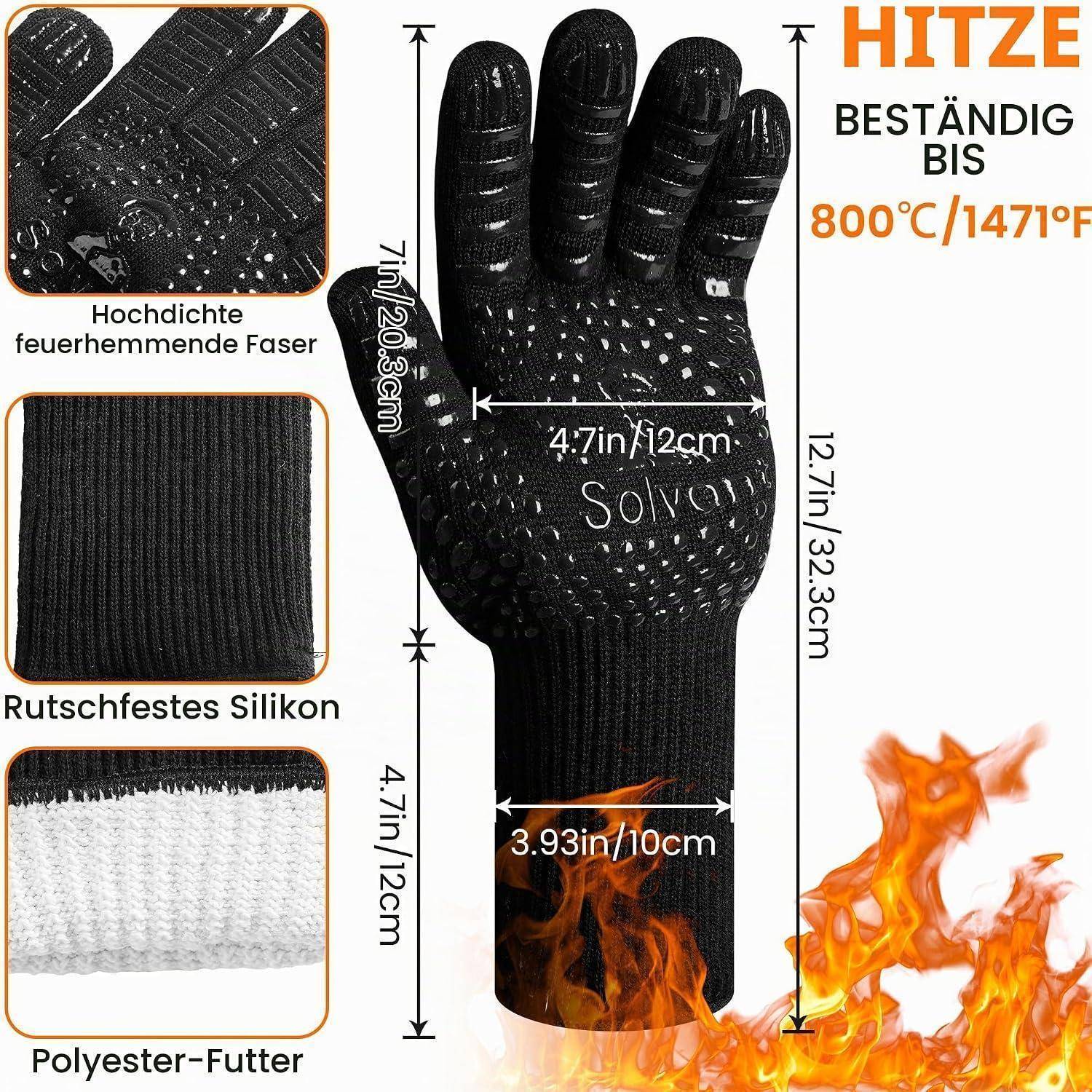 Hitzebeständiger Handschuh bis 800°C/1471°F, mit Größenangaben und Material-Kennzeichnungen für feuerbeständige Faser, rutschfeste Silikonoberfläche und Polyesterfutter.