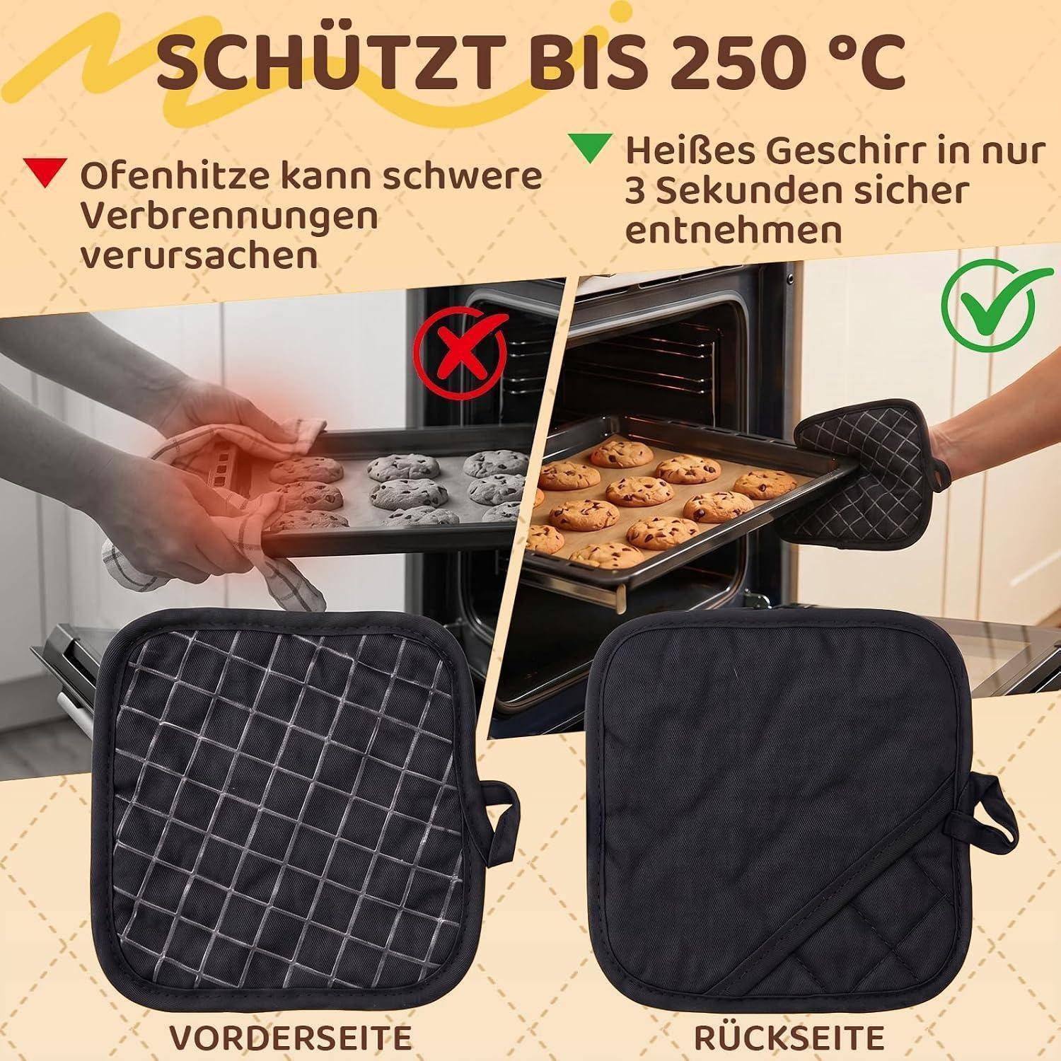 Werbegrafik für Ofenhandschuhe, mit der Aufschrift „SCHÜTZT BIS 250 °C