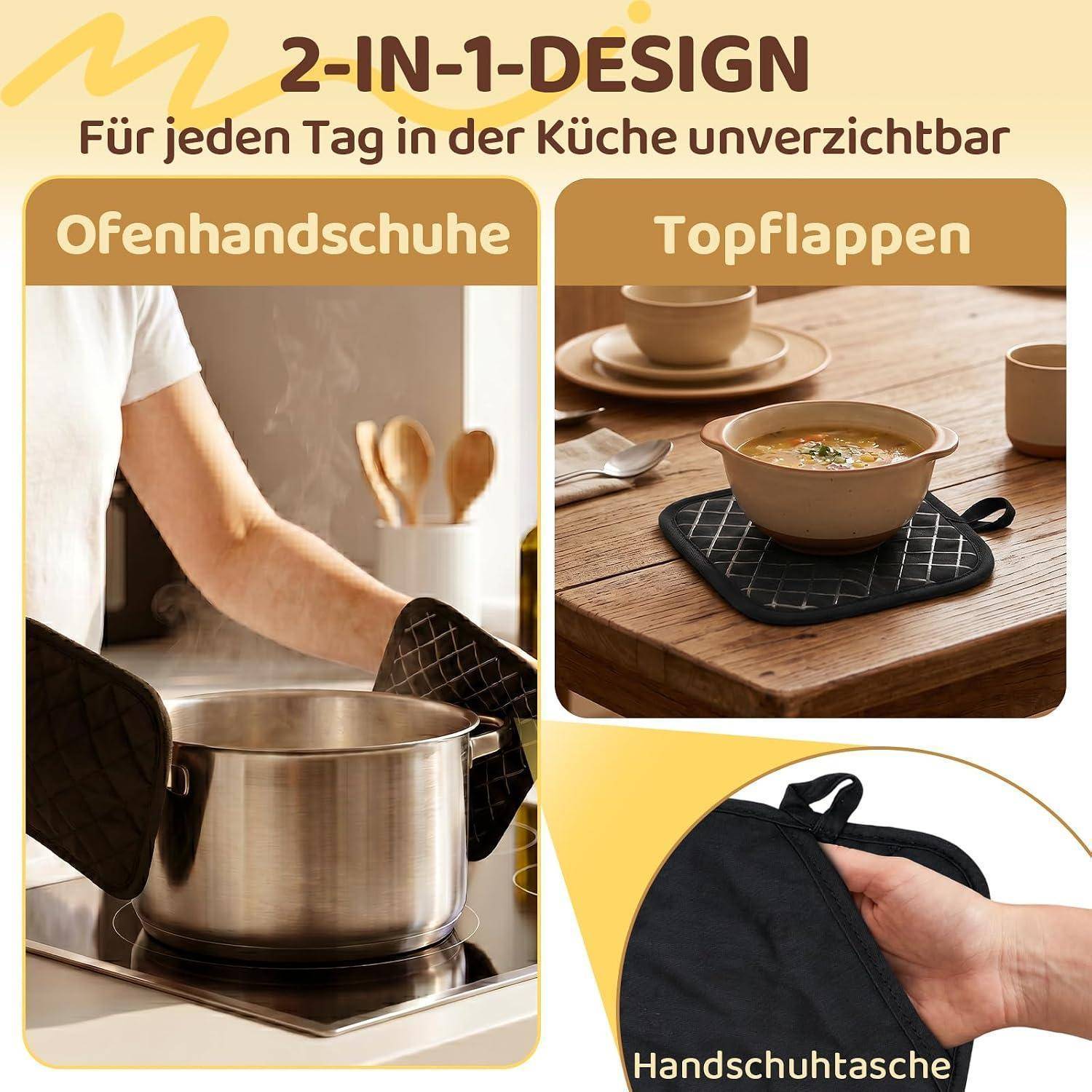 Topflappen 2er Set Baumwolle Hitzebeständig bis 250°C Schwarz 17x17cm