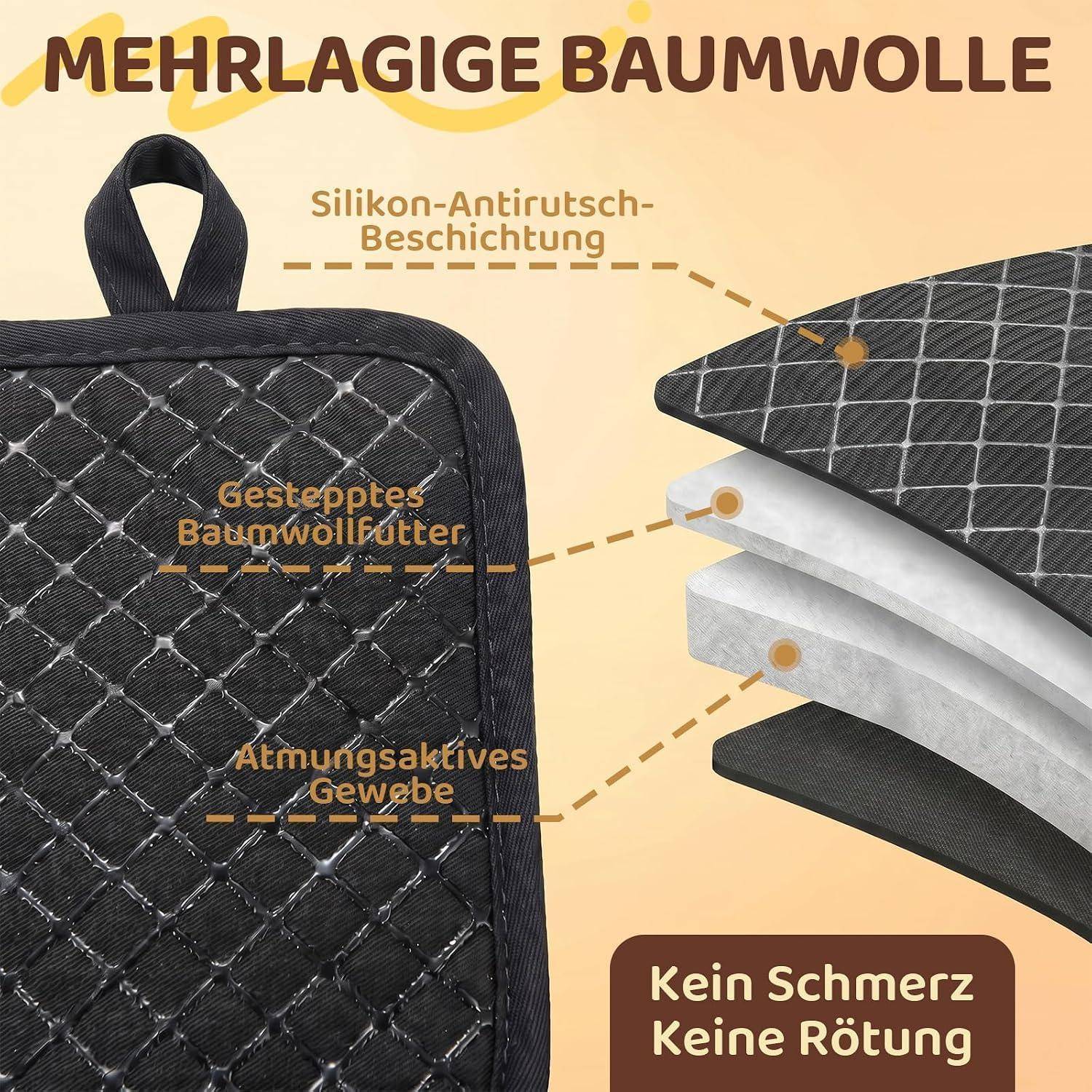 Nahaufnahme-Produktgrafik einer gepolsterten schwarzen Tasche/eines Schultergurts mit mehrschichtiger Baumwollkonstruktion, rutschfester Silikonbeschichtung, atmungsaktivem Stoff und Text „Kein Schmerz Keine Rötung