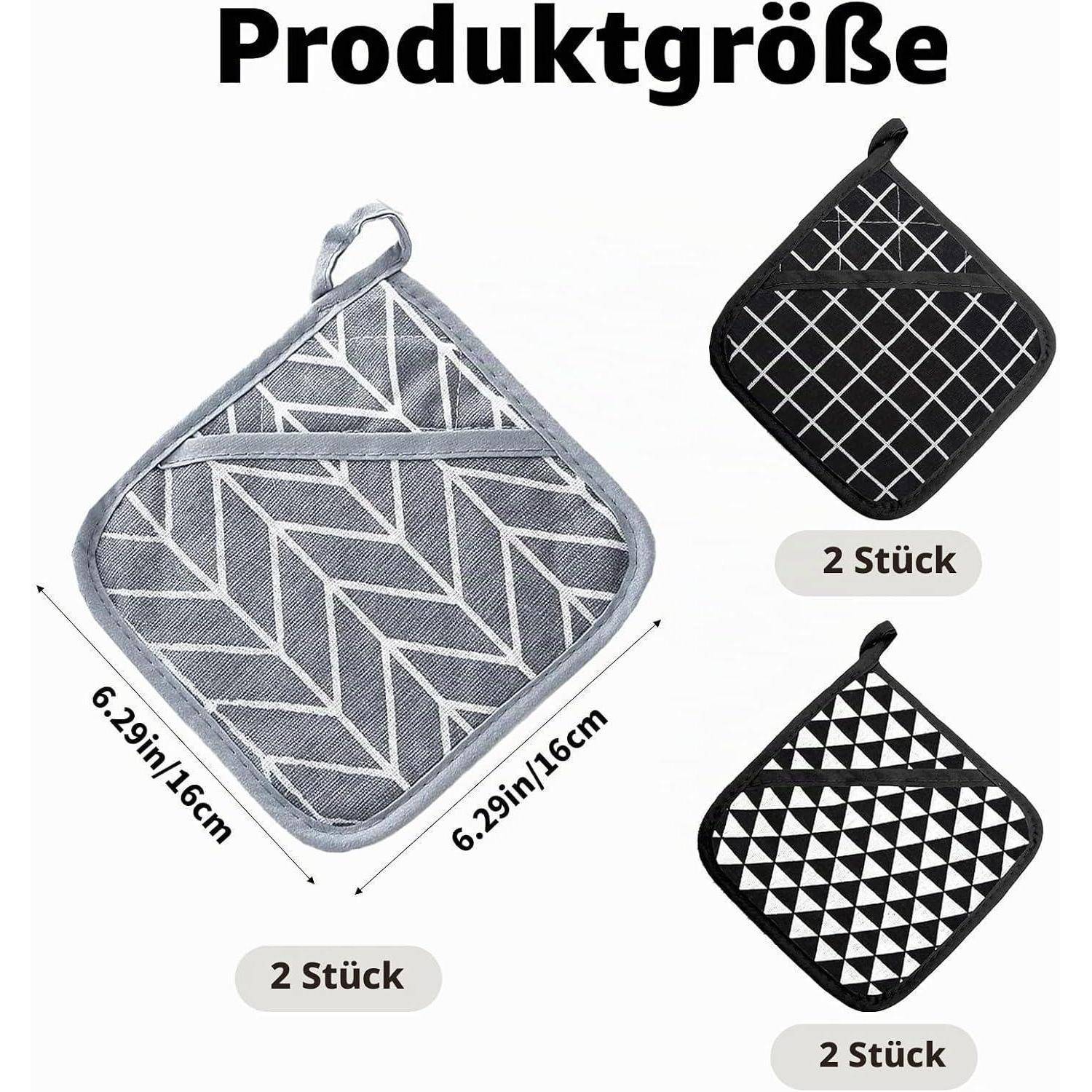 Produktgröße-Vergleichsgrafik mit einem grauen gesteppten Topflappen, 6,29 Zoll/16 cm Quadrat, mit zwei schwarzen Mustervarianten mit der Bezeichnung 
