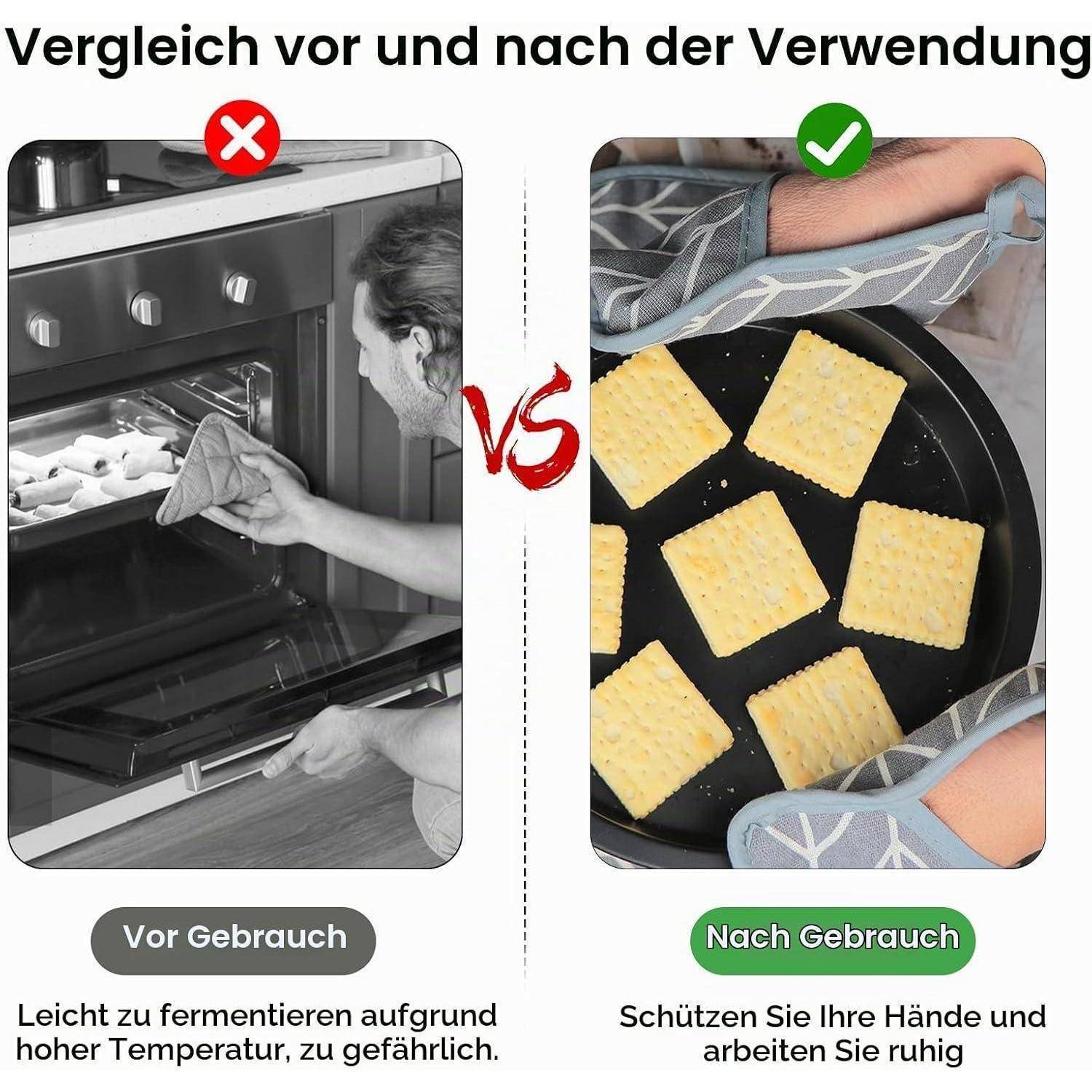 Unsicherer Umgang mit dem Ofen im Vergleich zu sicherer Handhabung von Backblechen; links ist eine Person zu sehen, die in einen heißen Ofen greift, rechts zeigen Hände, die ein Backblech mit Keksen mit Ofenhandschuhen halten.